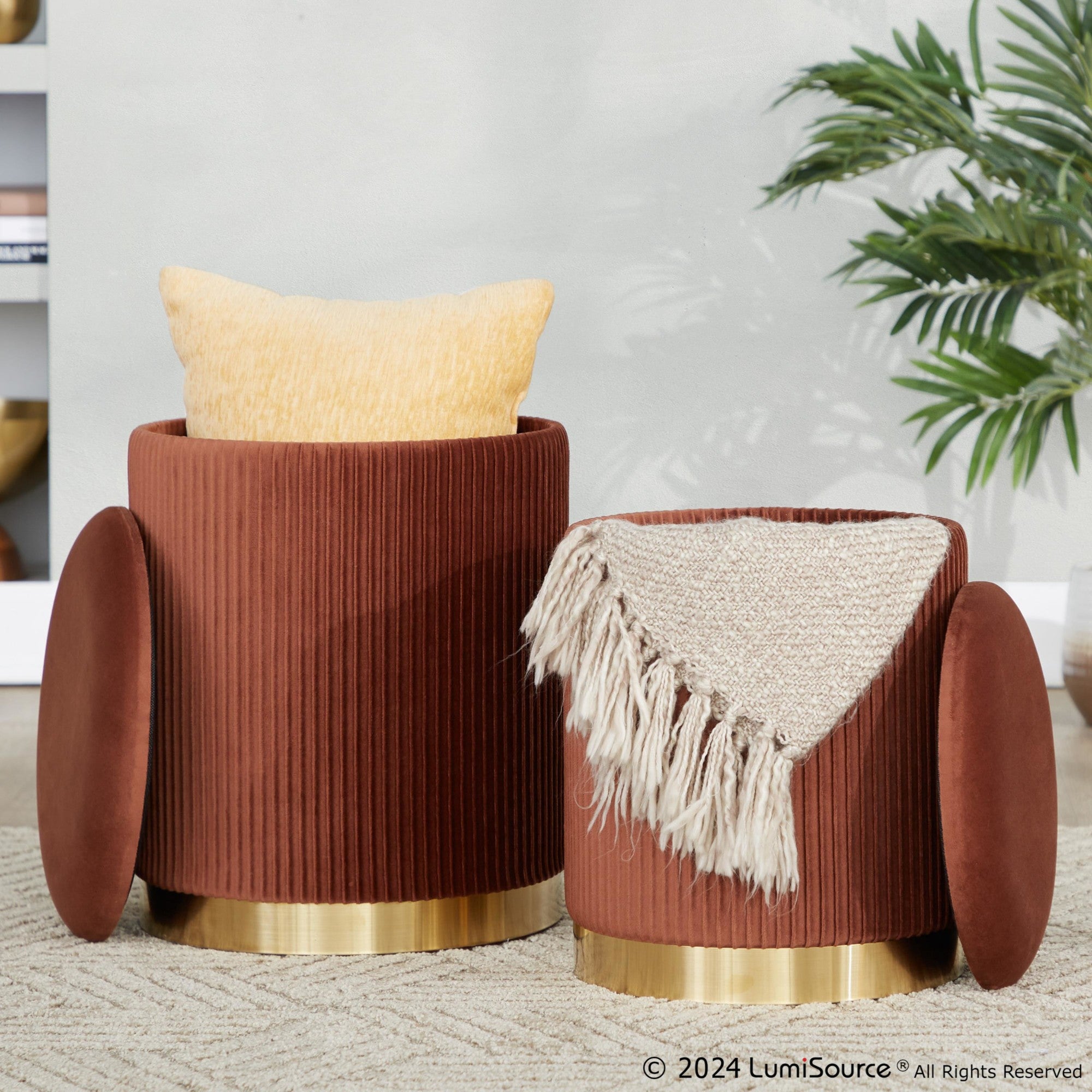 Marla Nesting Pleated Ottoman Set - Gold Metal, Light Brown Velvet