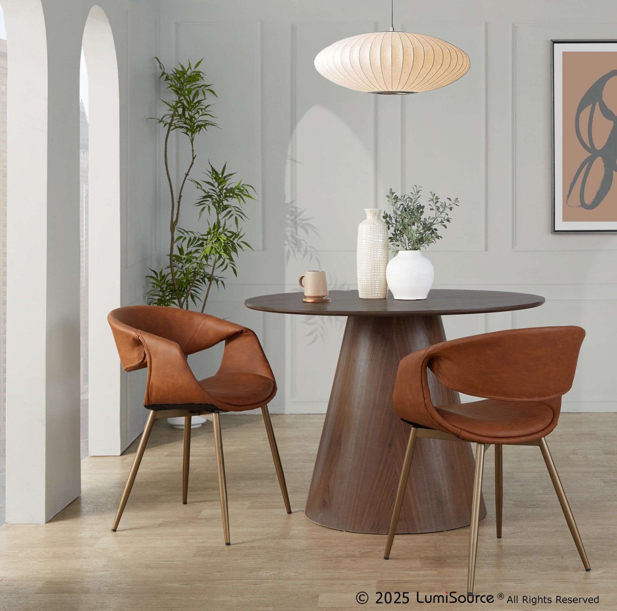 Curvo Upholstered Chair - Set of 2 - Antique Copper Metal, Camel PU