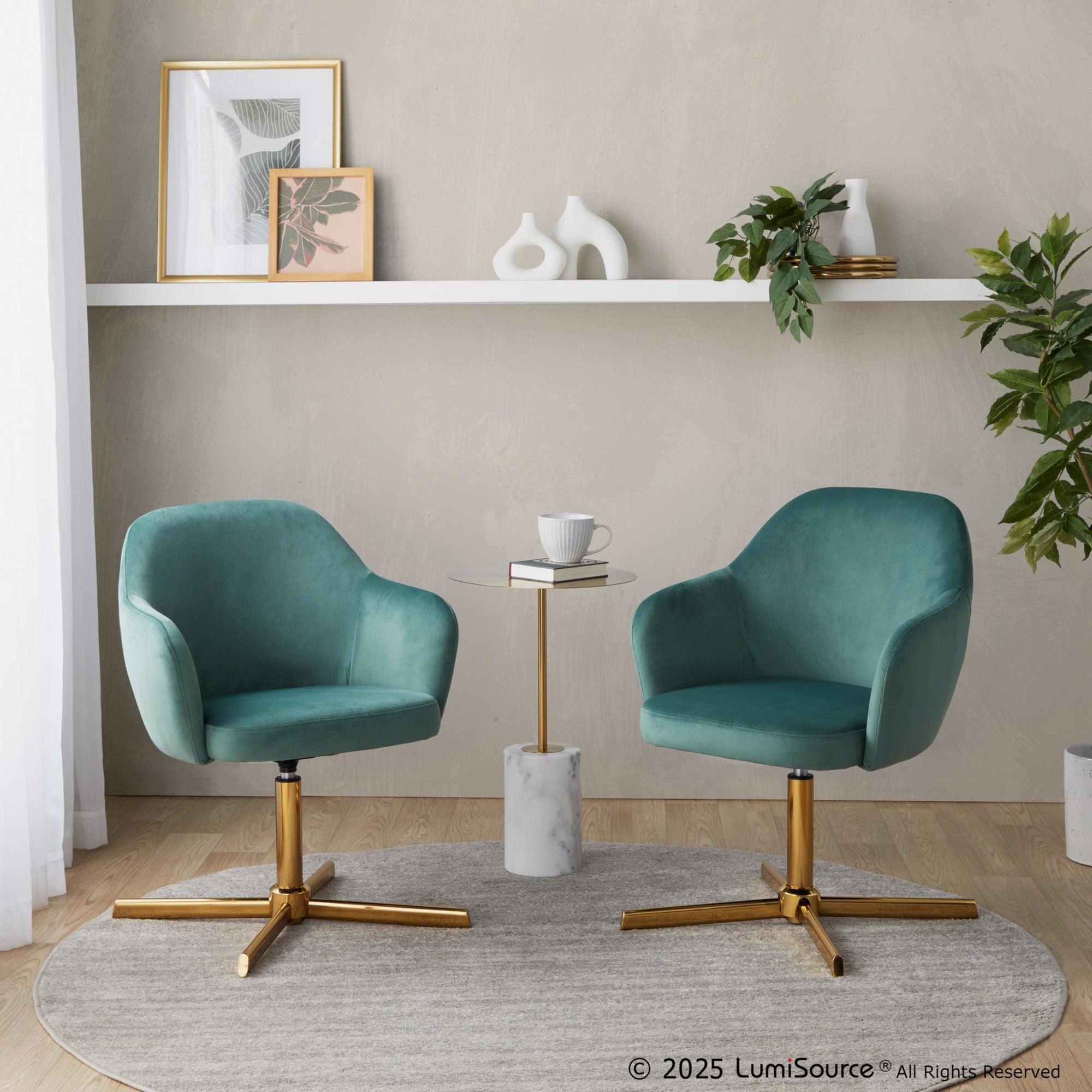 Buena Swivel Accent Chair - Chrome Gold Metal, Green Velvet