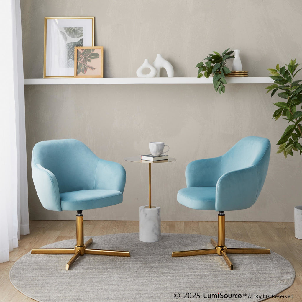 Buena Swivel Accent Chair - Chrome Gold Metal, Light Blue Velvet