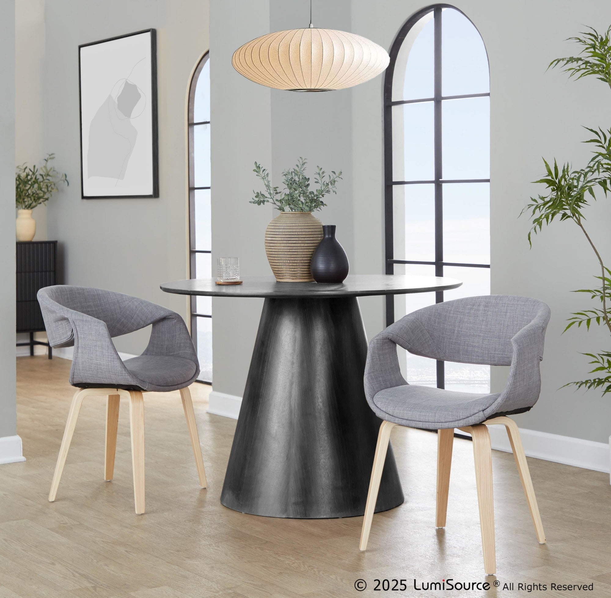 Curvo Upholstered Chair - Set of 2 - Natural Wood, Grey Fabric