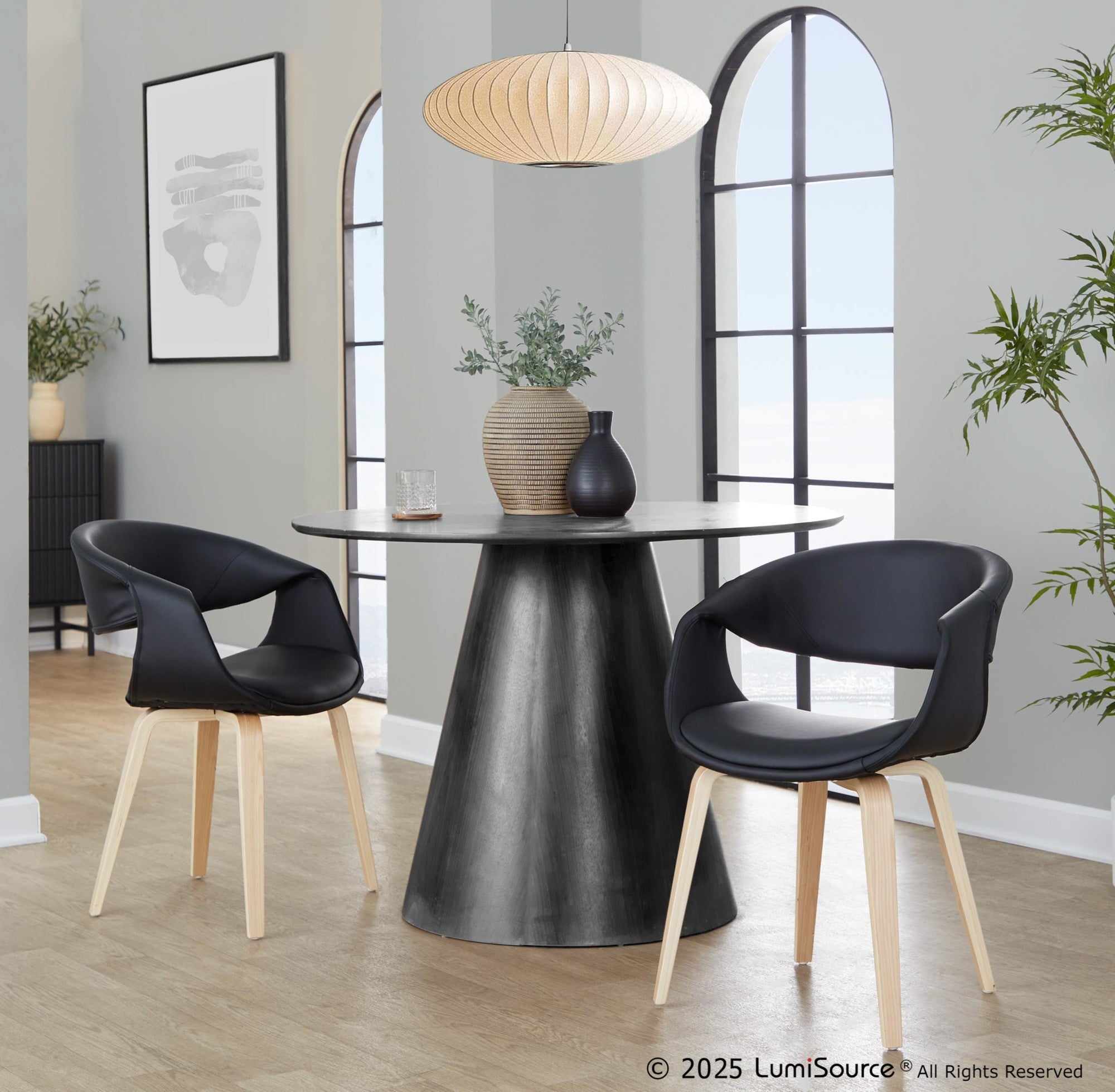 Curvo Upholstered Chair - Set of 2 - Natural Wood, Black PU