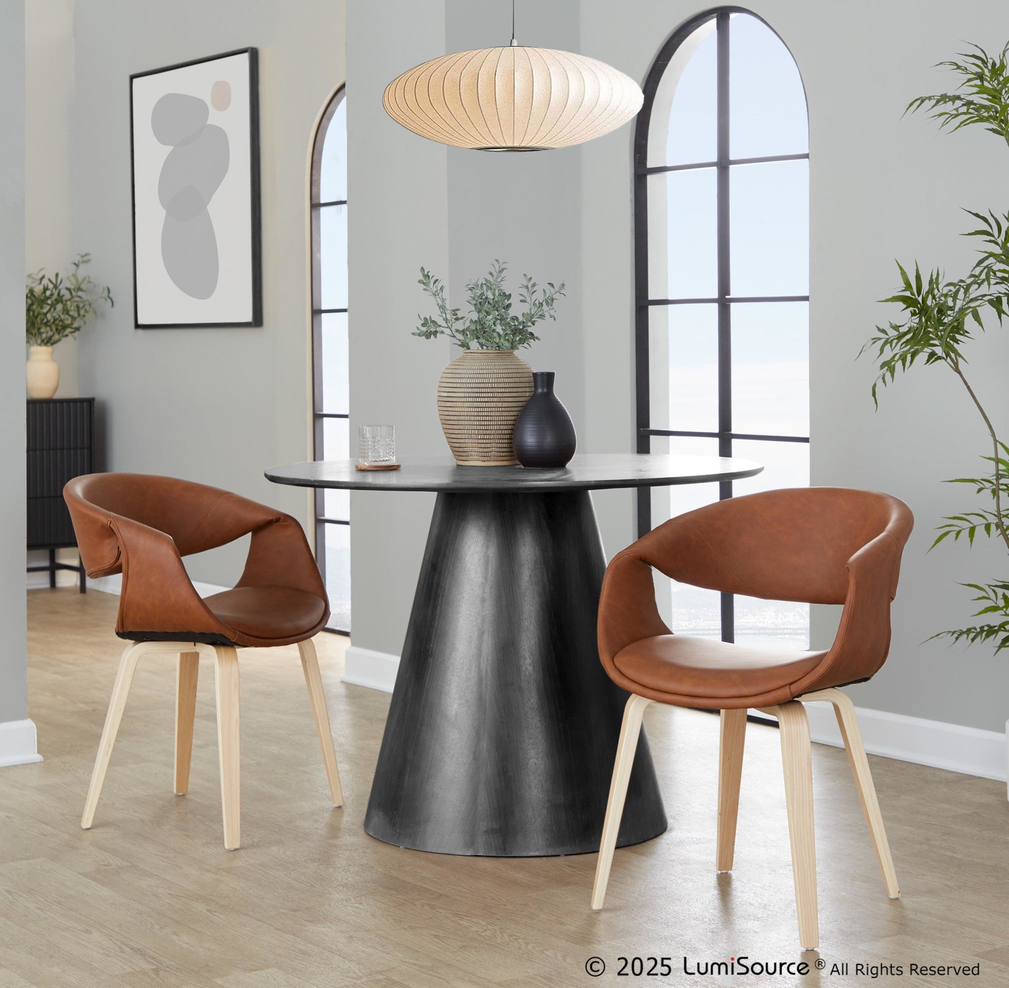 Curvo Upholstered Chair - Set of 2 - Natural Wood, Camel PU