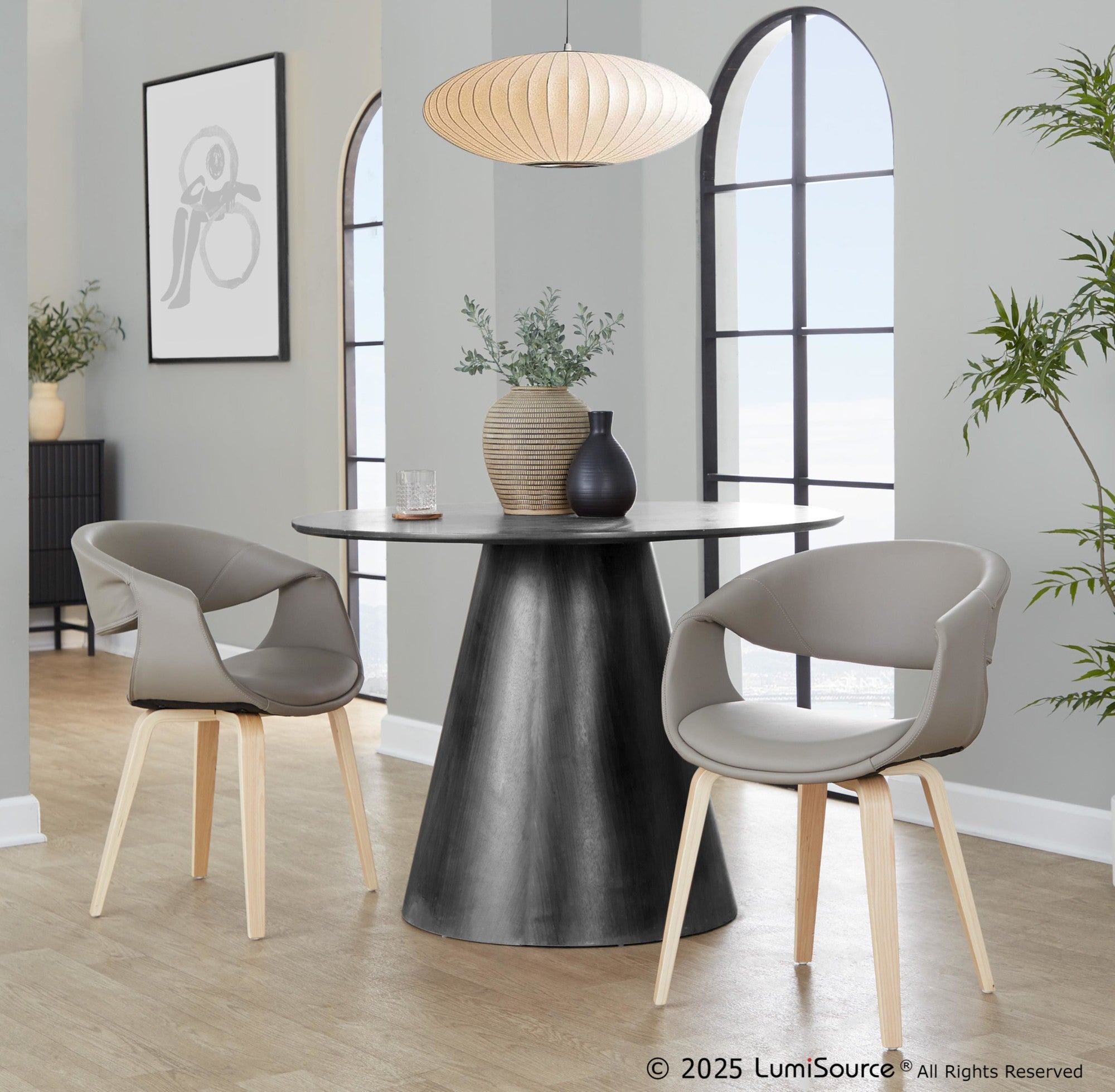 Curvo Upholstered Chair - Set of 2 - Natural Wood, Light Grey PU