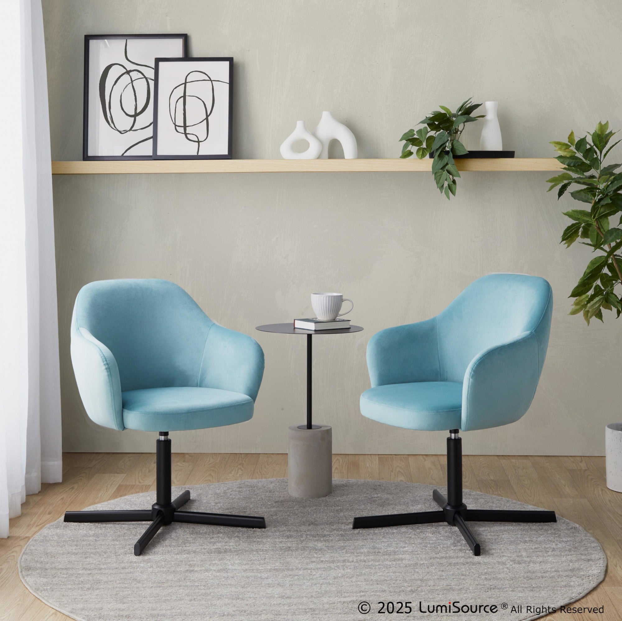Buena Swivel Accent Chair - Black Metal, Light Blue Velvet