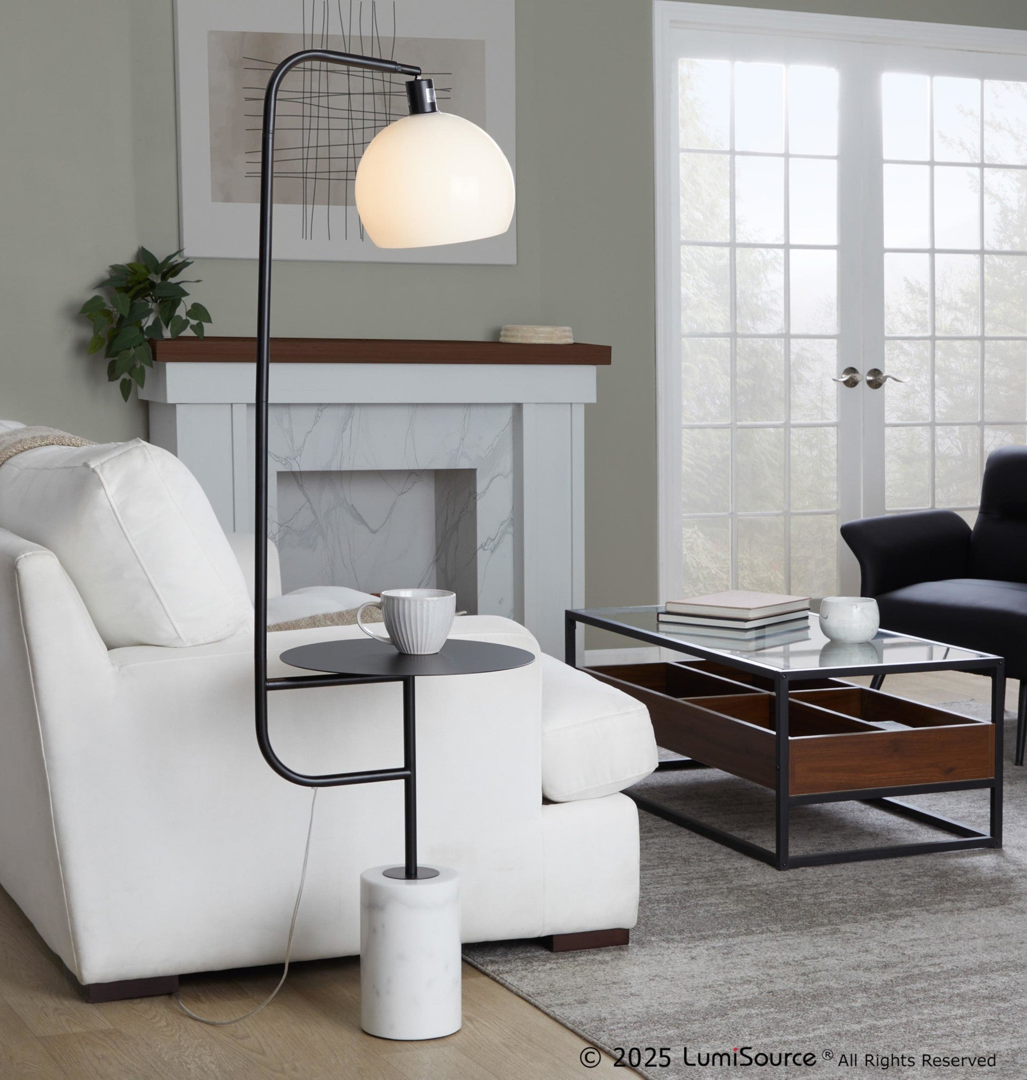 Symbol 66" Metal Floor Lamp With Side Table - Black Metal, White Marble, White Glass