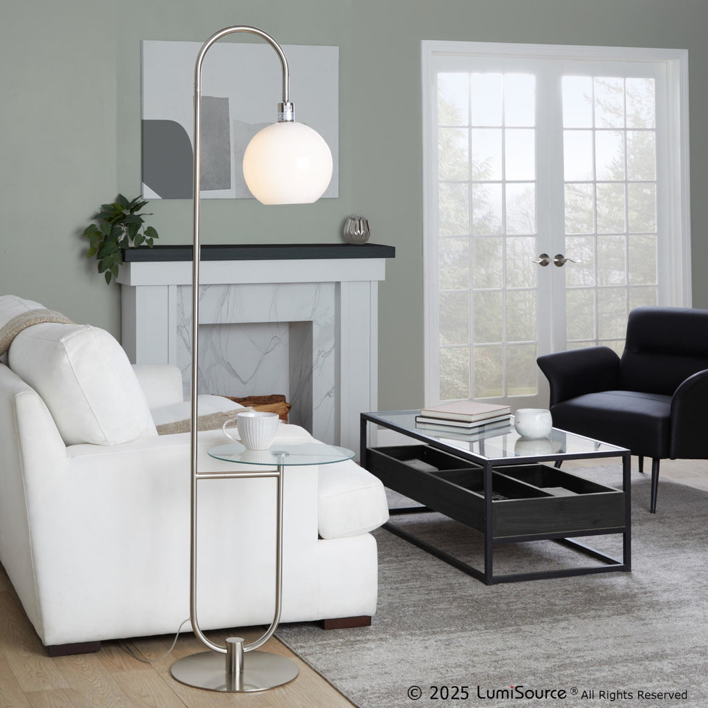 Trombone 71" Floor Lamp With Table - Nickel Metal, Clear Glass, White Plastic