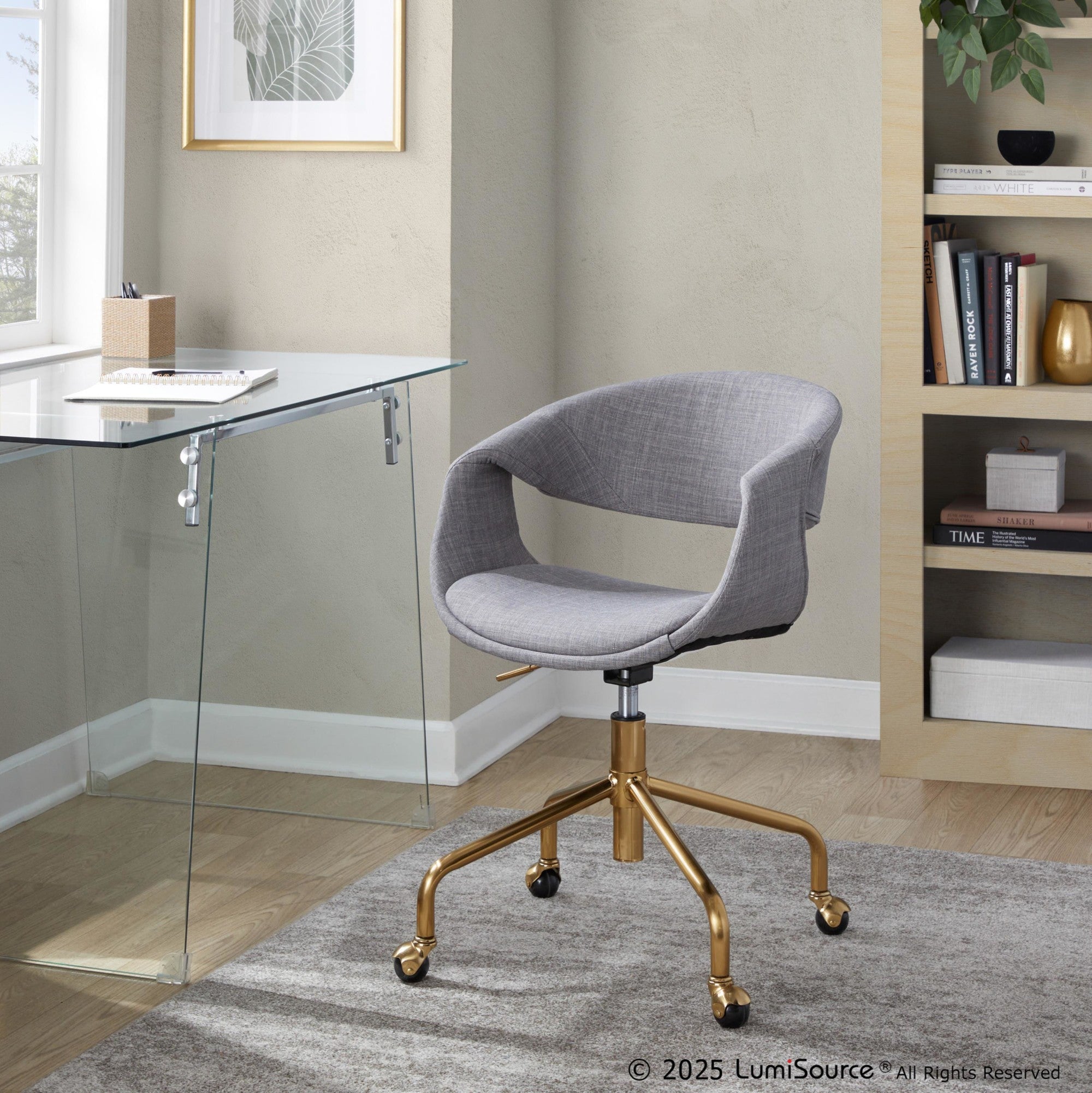 Curvo Upholstered 4-star Task Chair - Gold Metal, Grey Fabric