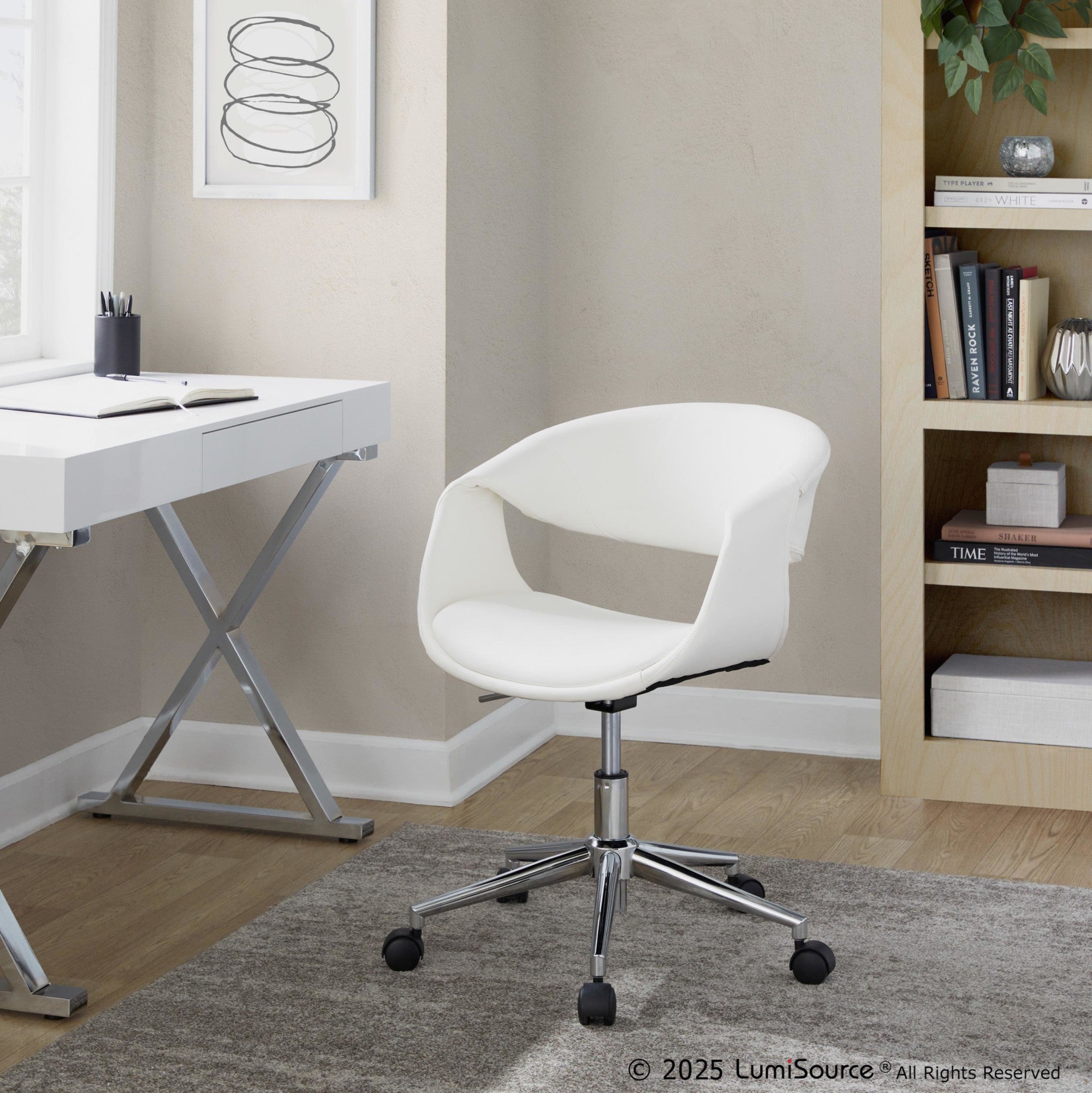 Curvo Upholstered 5-star Task Chair - Chrome Metal, White PU