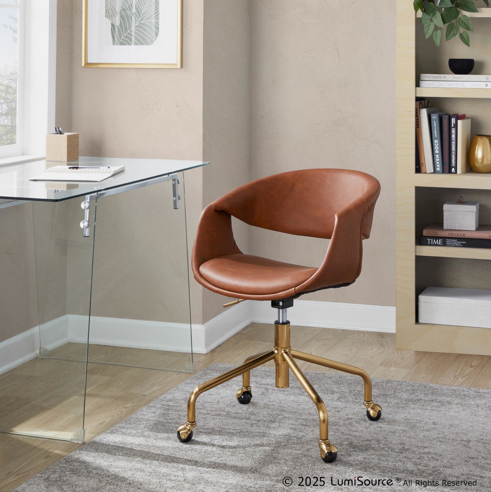 Curvo Upholstered 4-star Task Chair - Gold Metal, Camel PU