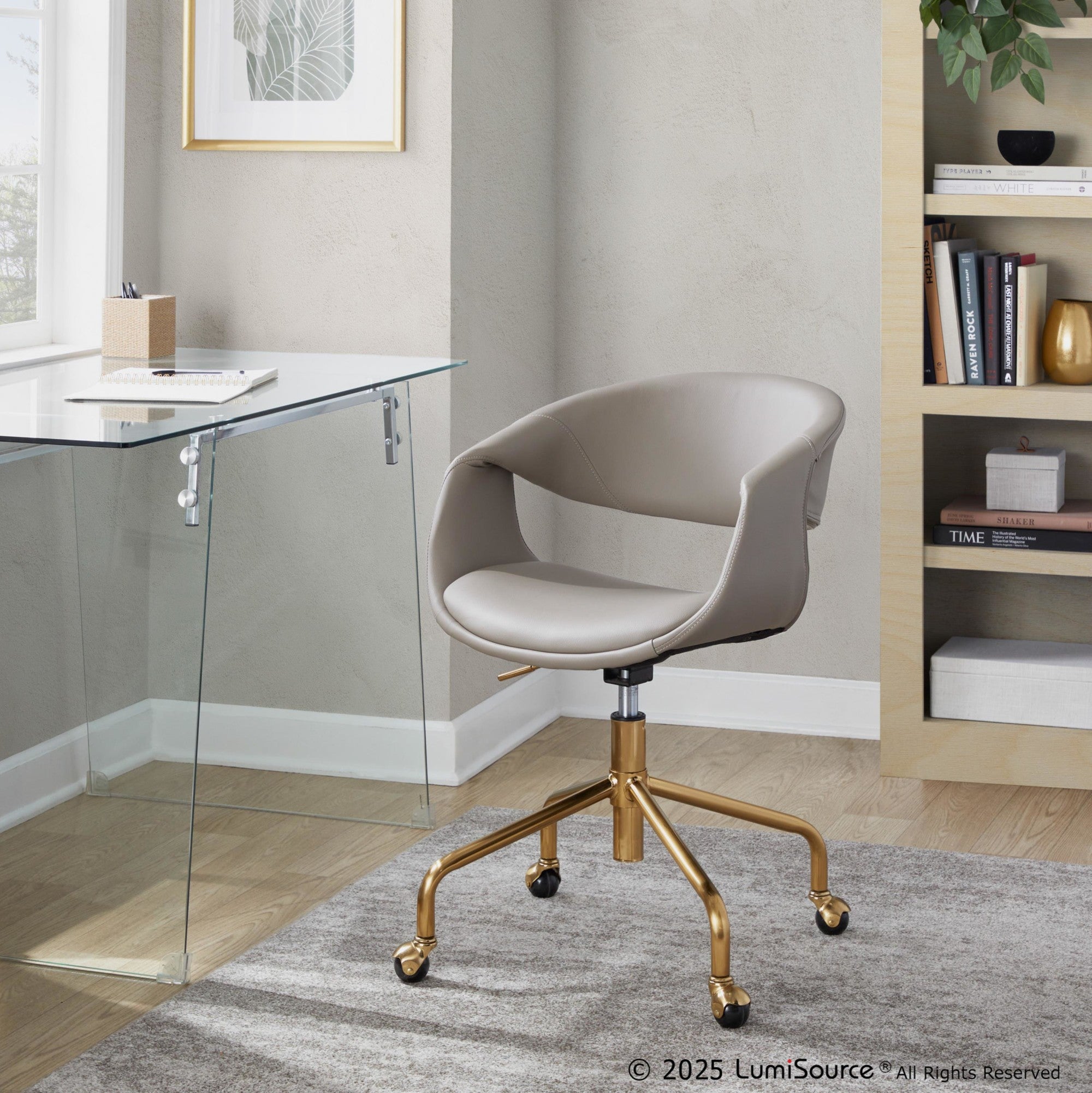 Curvo Upholstered 4-star Task Chair - Gold Metal, Light Grey PU