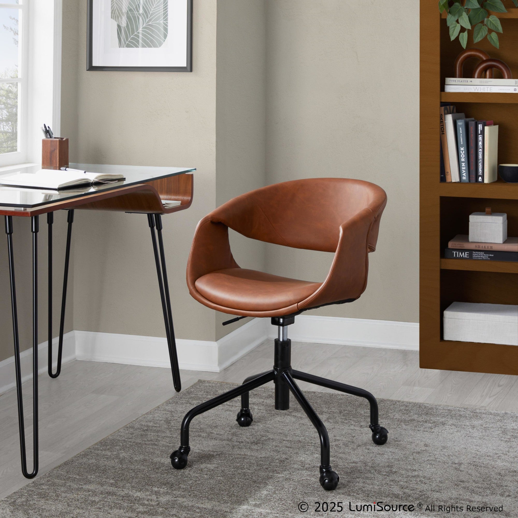 Curvo Upholstered 4-star Task Chair - Black Metal, Camel PU