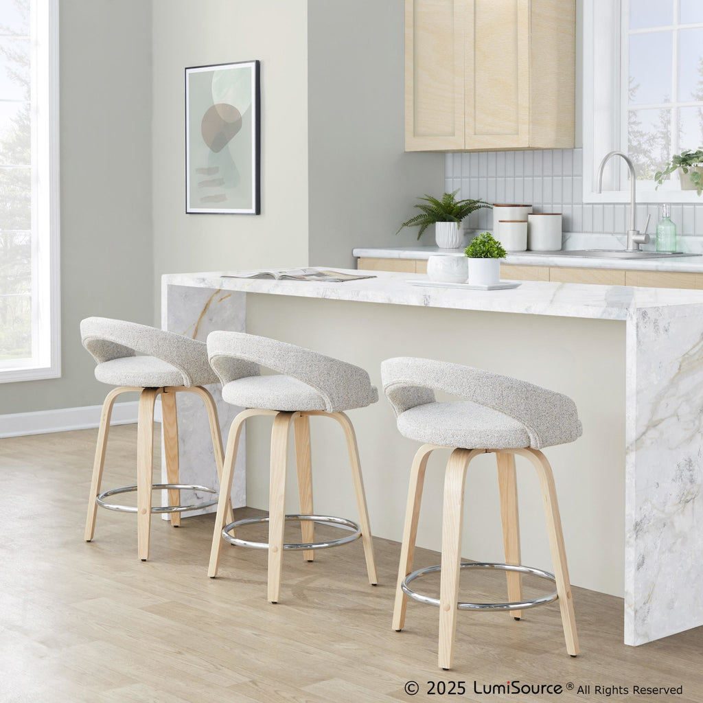 Grotto Upholstered 24" Fixed-Height Counter Stool - Set of 2 - Natural Wood, Oat Noise Fabric, Chrome Metal