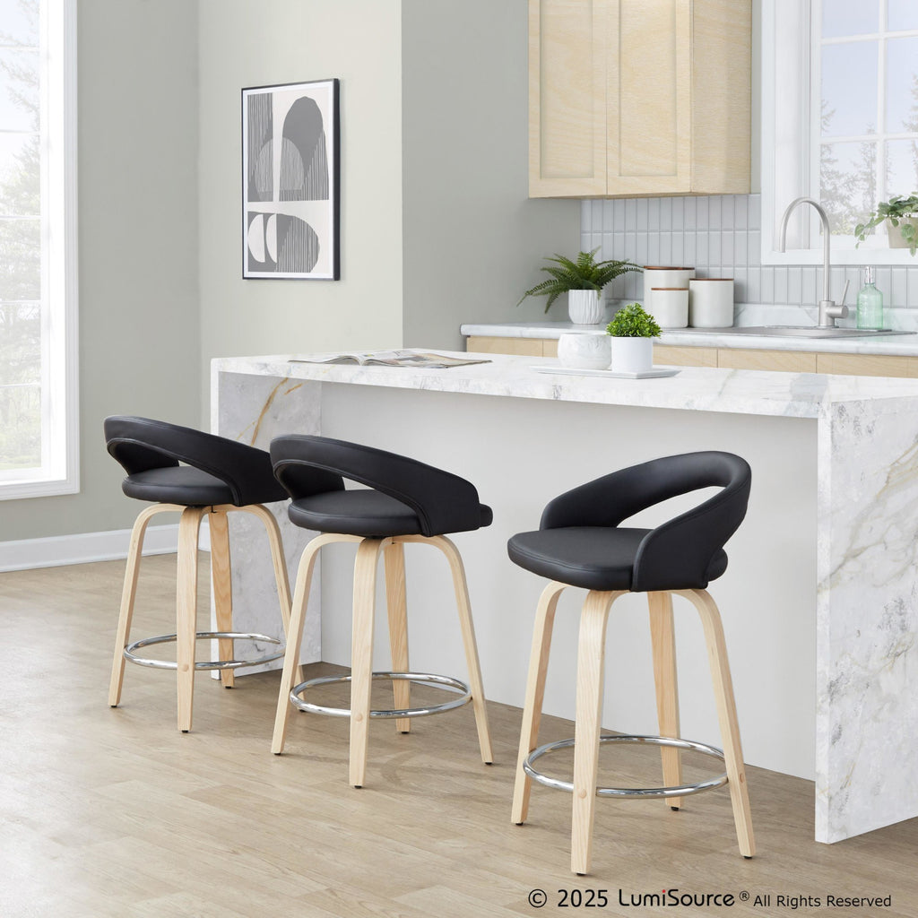 Grotto Upholstered 24" Fixed-Height Counter Stool - Set of 2 - Natural Wood, Black PU, Chrome Metal