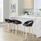Grotto Upholstered 24" Fixed-Height Counter Stool - Set of 2 - Natural Wood, Black PU, Chrome Metal
