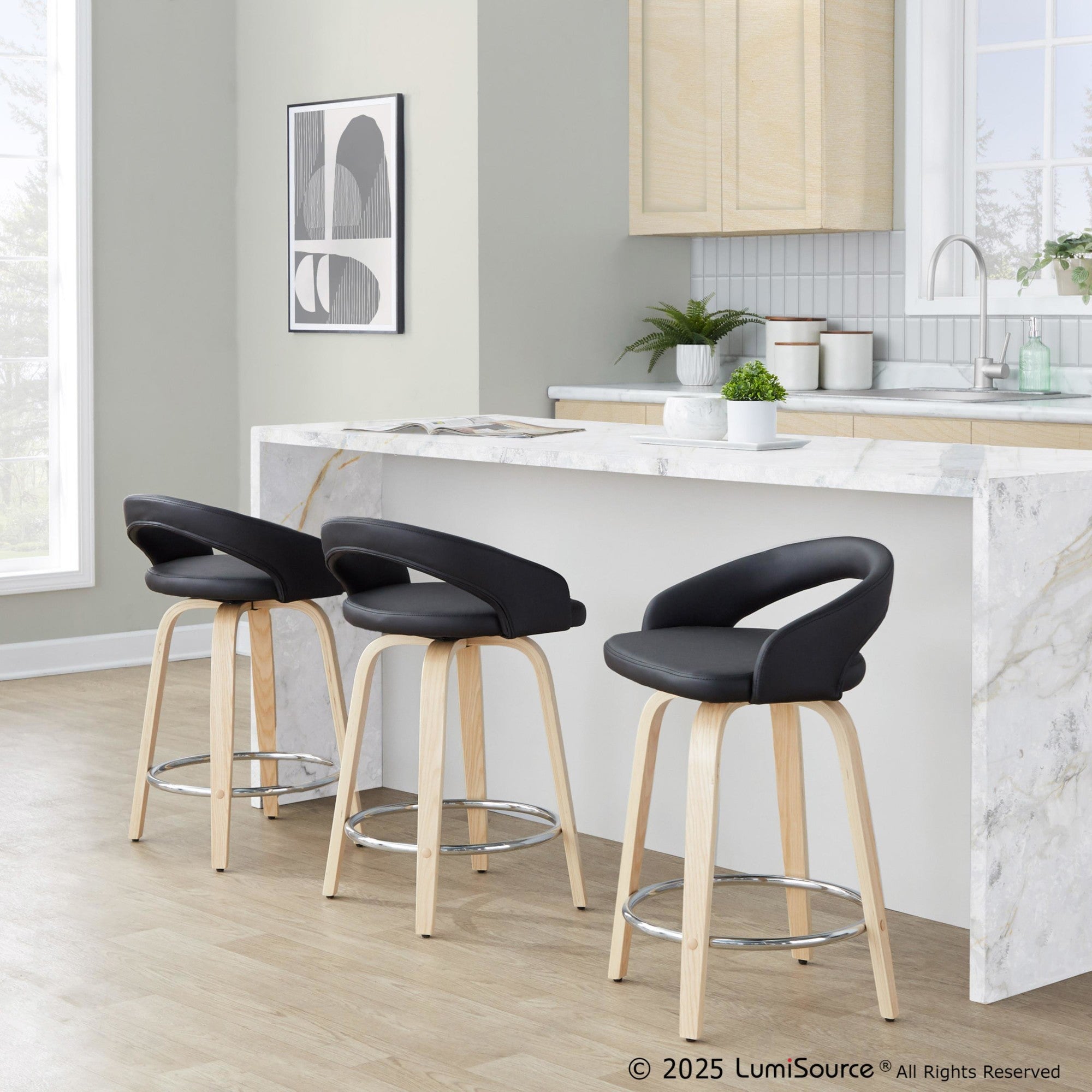 Grotto Upholstered 24" Fixed-Height Counter Stool - Set of 2 - Natural Wood, Black PU, Chrome Metal