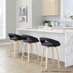 Grotto Upholstered 24" Fixed-Height Counter Stool - Set of 2 - Natural Wood, Black PU, Chrome Metal