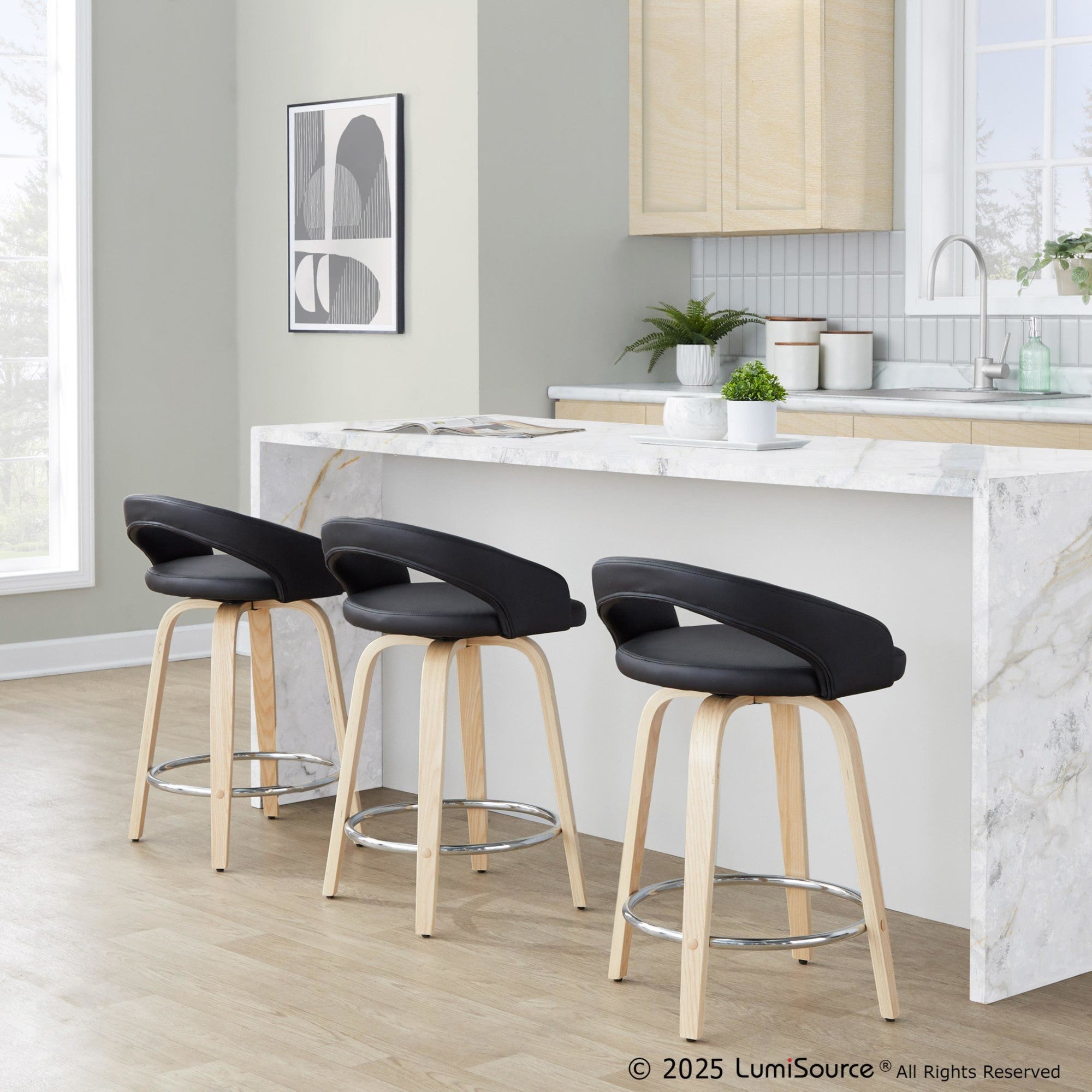 Grotto Upholstered 24" Fixed-Height Counter Stool - Set of 2 - Natural Wood, Black PU, Chrome Metal