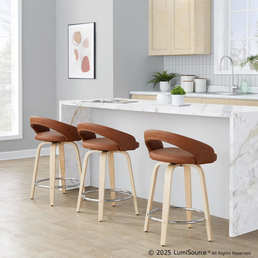 Grotto Upholstered 24" Fixed-Height Counter Stool - Set of 2 - Natural Wood, Camel PU, Chrome Metal