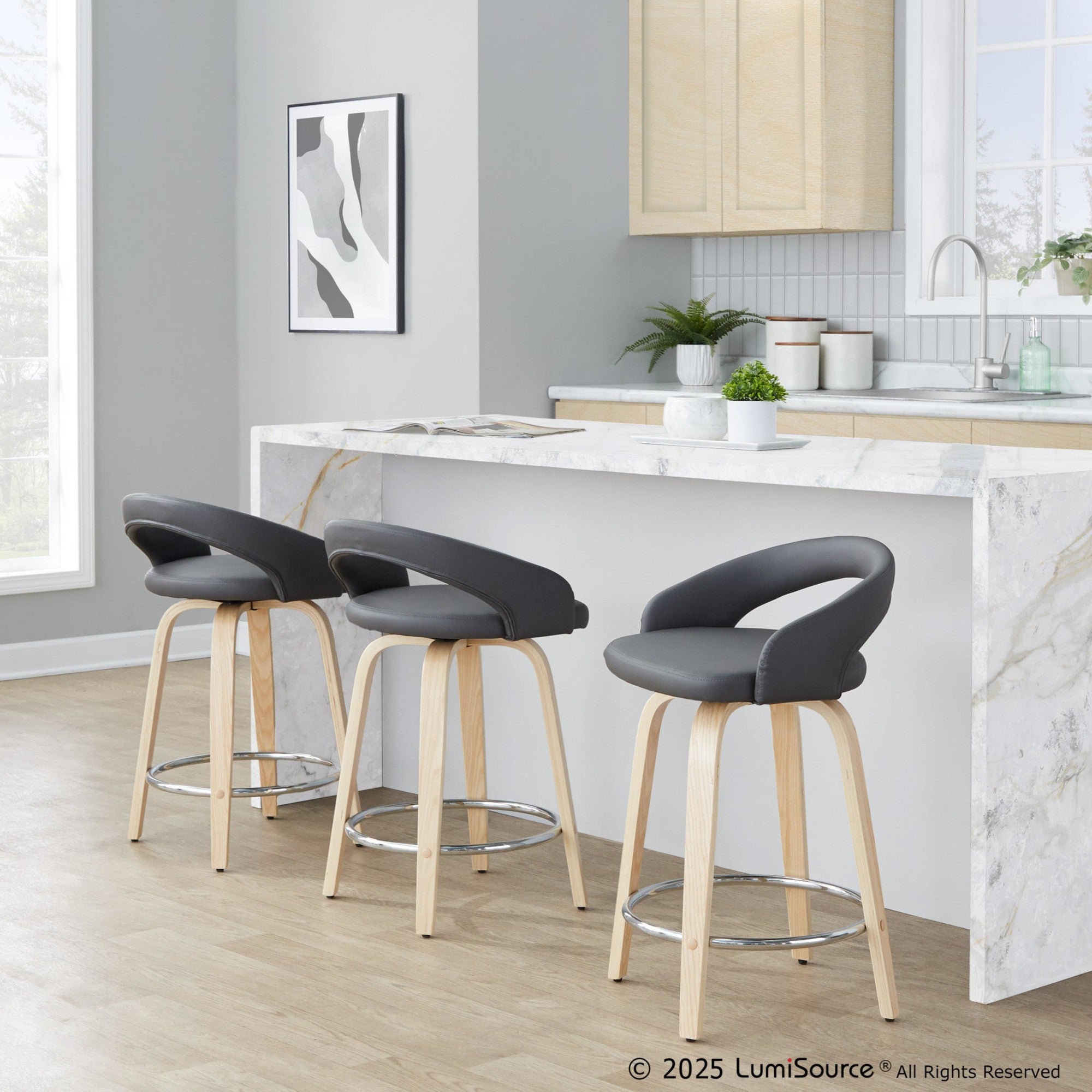 Grotto Upholstered 24" Fixed-Height Counter Stool - Set of 2 - Natural Wood, Grey PU, Chrome Metal