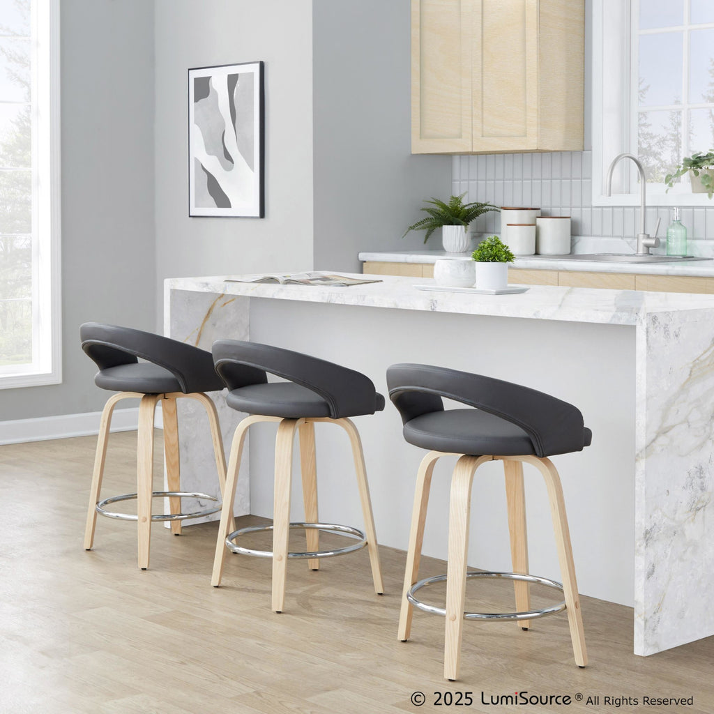 Grotto Upholstered 24" Fixed-Height Counter Stool - Set of 2 - Natural Wood, Grey PU, Chrome Metal