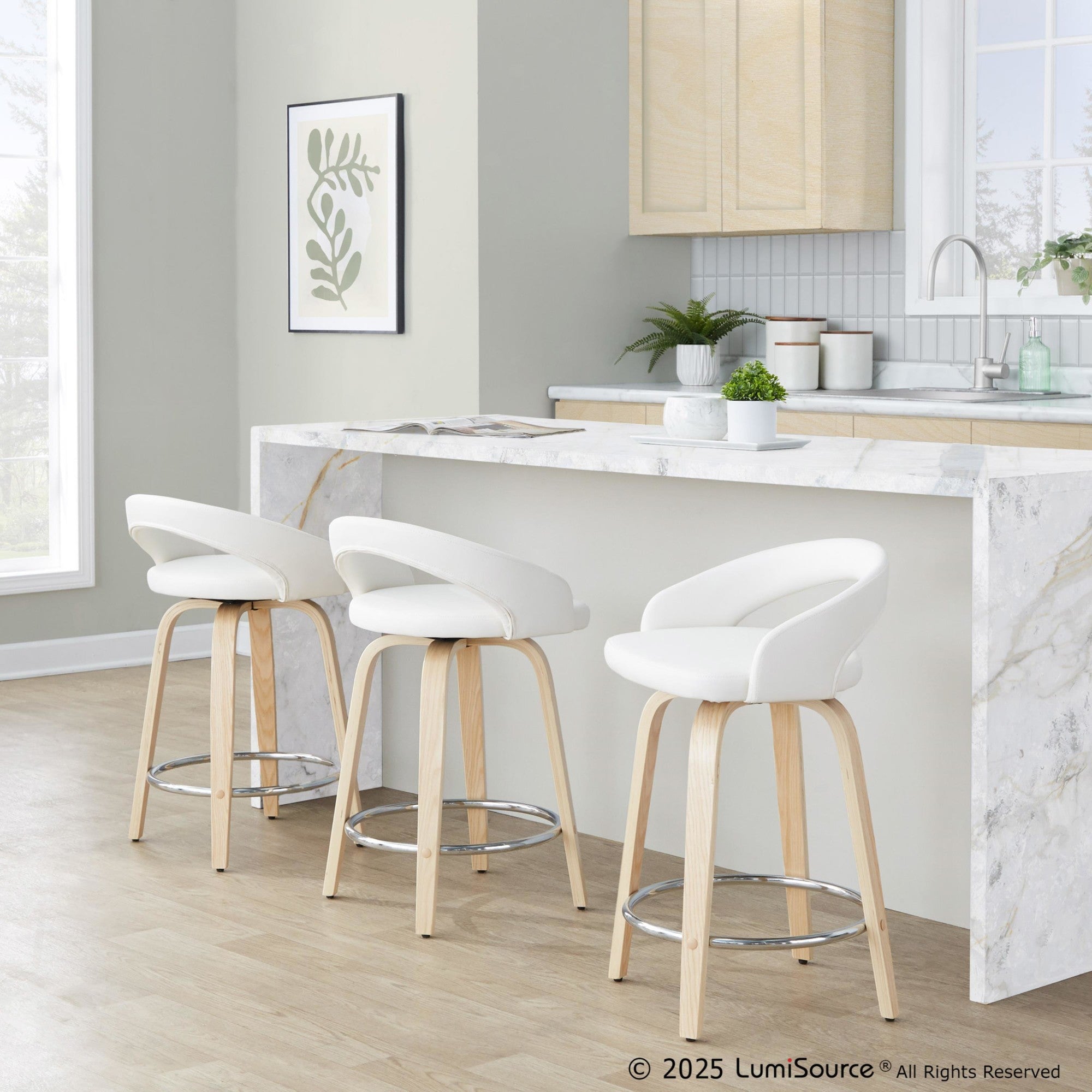 Grotto Upholstered 24" Fixed-Height Counter Stool - Set of 2 - Natural Wood, White PU, Chrome Metal