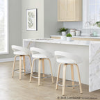 Grotto Upholstered 24" Fixed-Height Counter Stool - Set of 2 - Natural Wood, White PU, Chrome Metal
