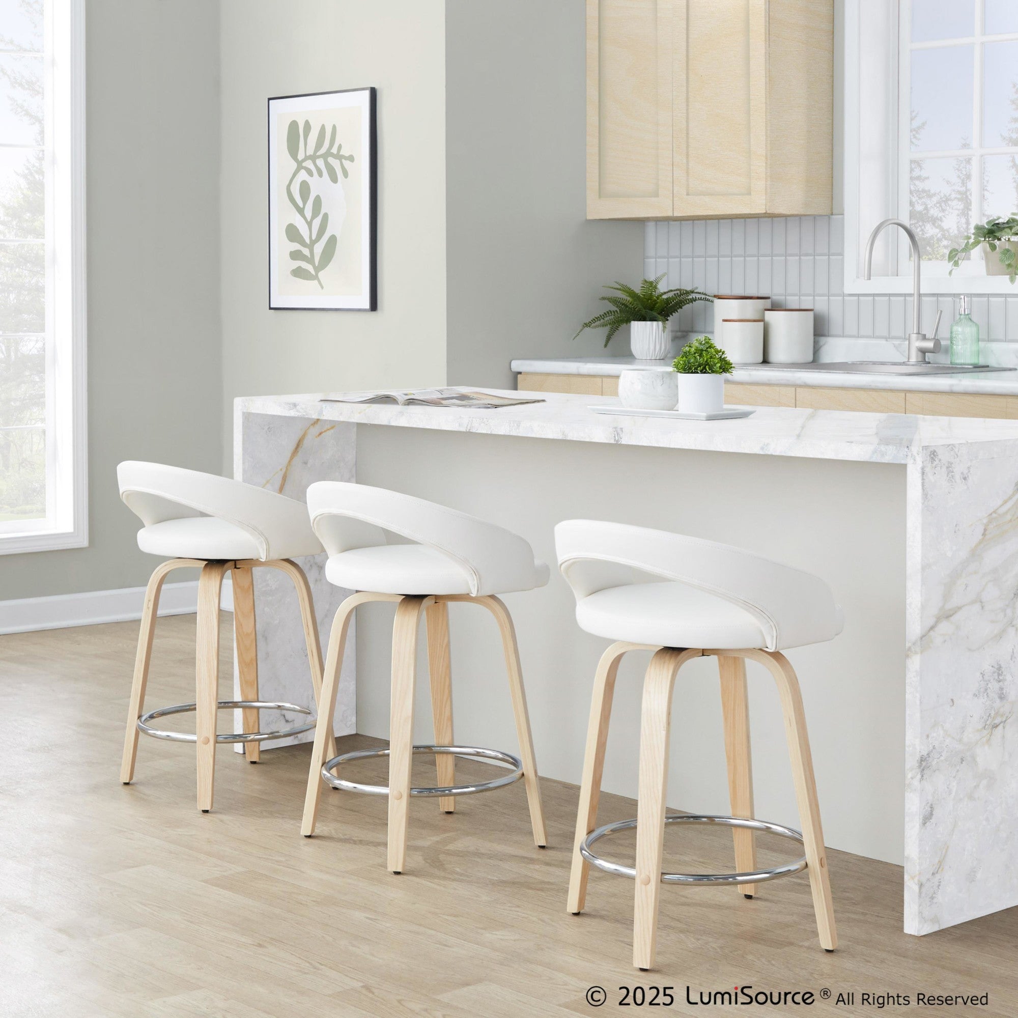 Grotto Upholstered 24" Fixed-Height Counter Stool - Set of 2 - Natural Wood, White PU, Chrome Metal