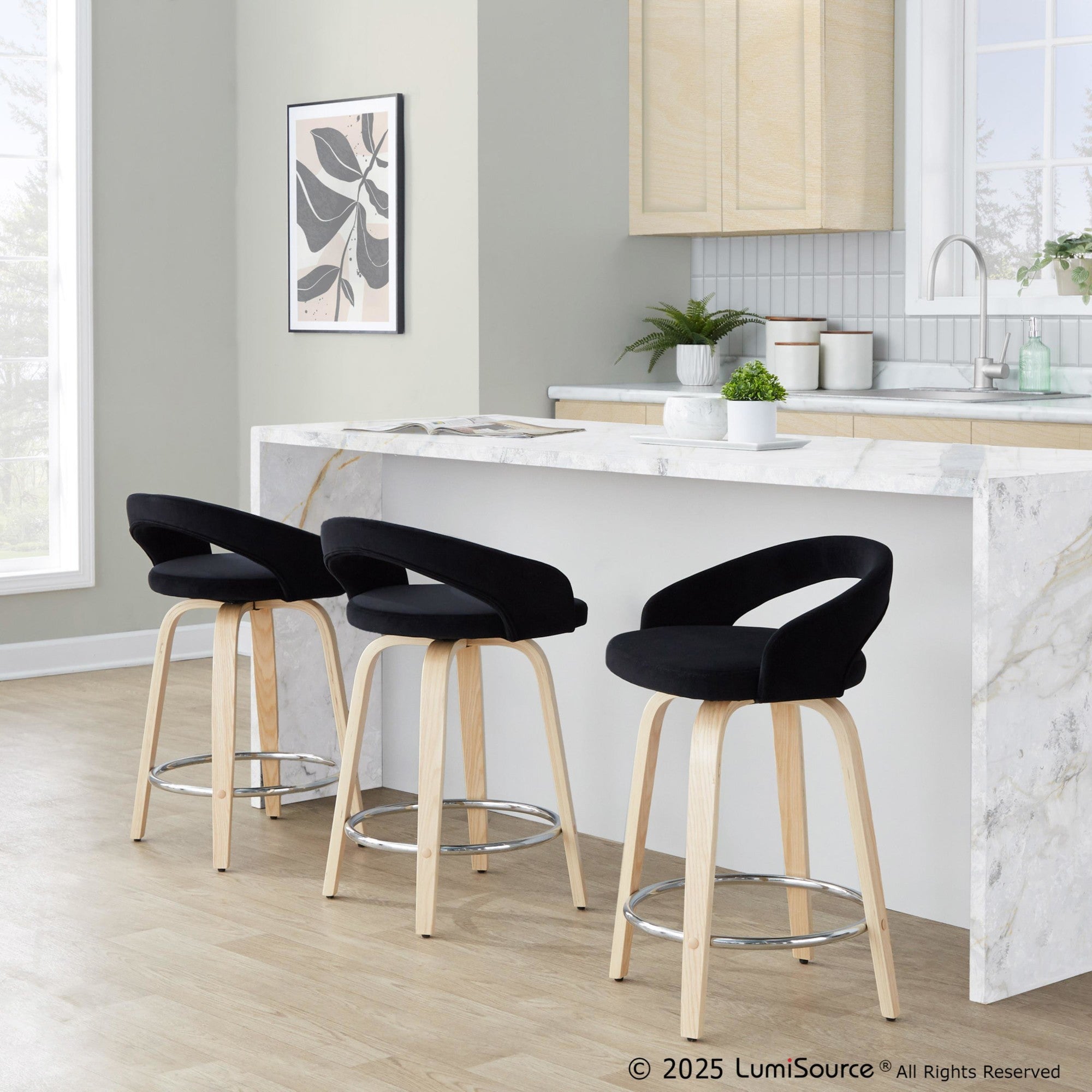 Grotto Upholstered 24" Fixed-Height Counter Stool - Set of 2 - Natural Wood, Black Velvet, Chrome Metal