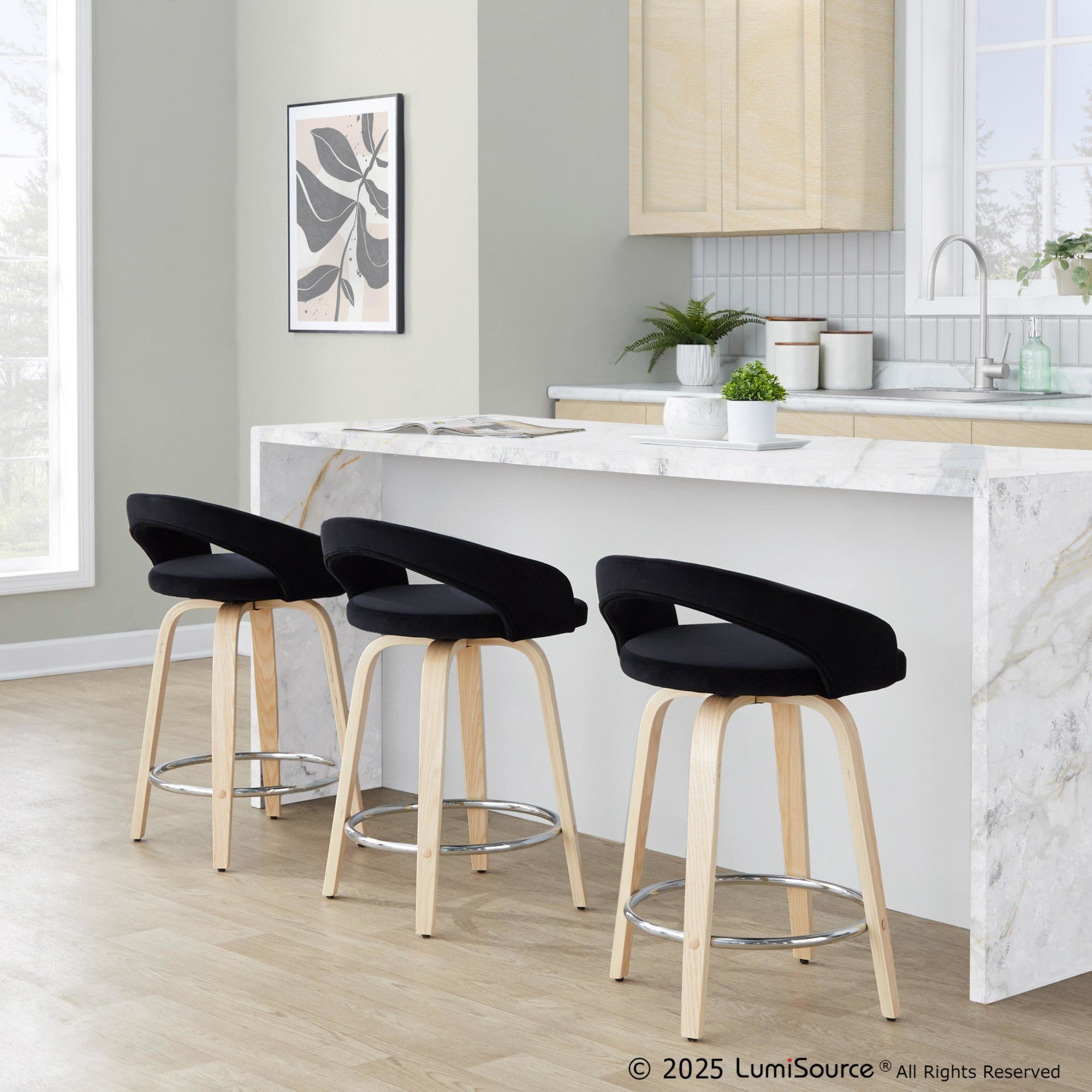 Grotto Upholstered 24" Fixed-Height Counter Stool - Set of 2 - Natural Wood, Black Velvet, Chrome Metal