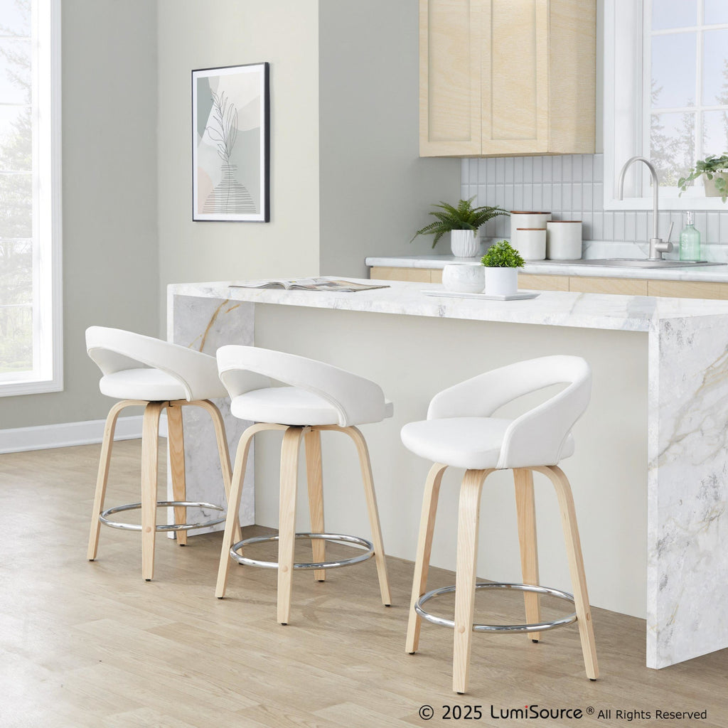 Grotto Upholstered 24" Fixed-Height Counter Stool - Set of 2 - Natural Wood, White Velvet, Chrome Metal