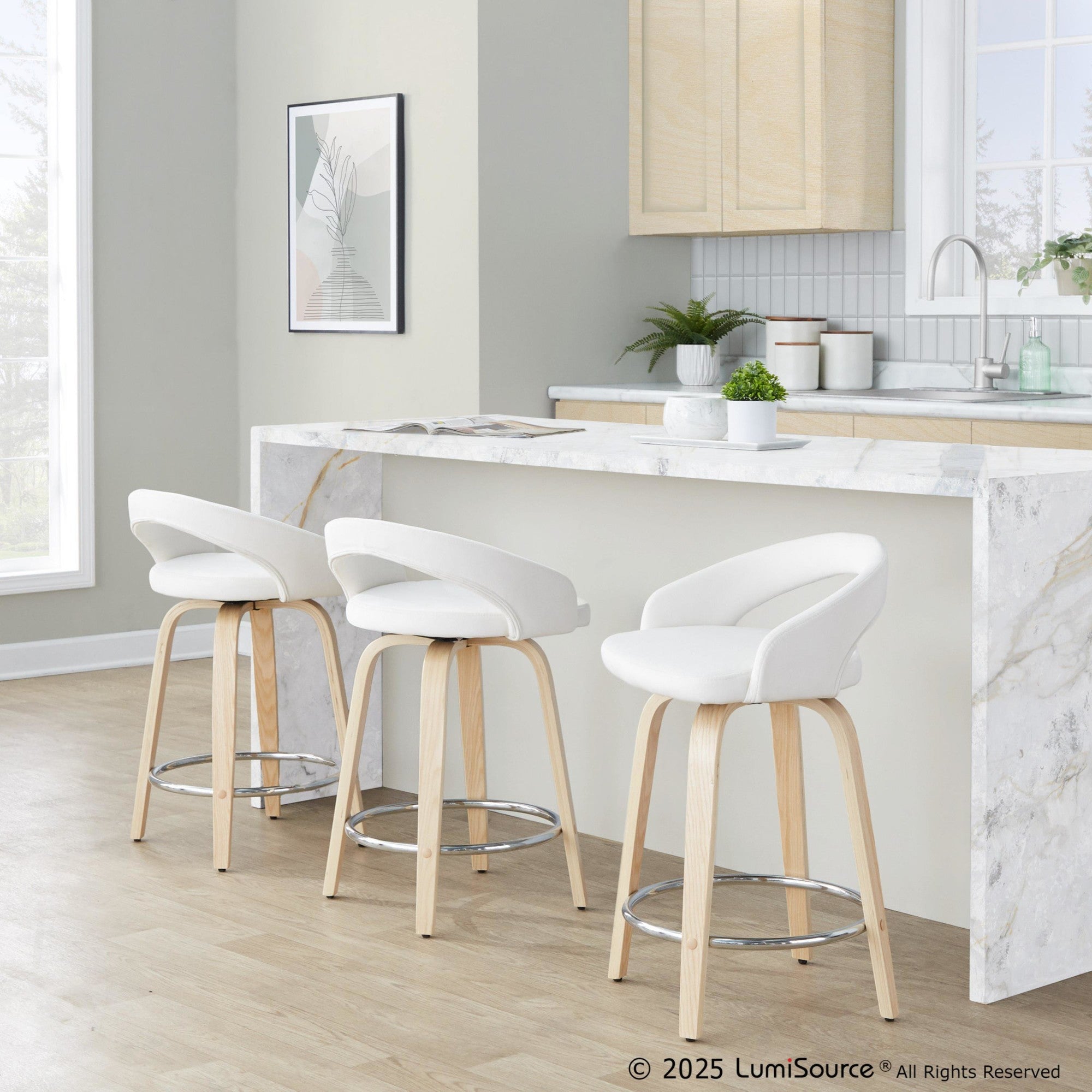 Grotto Upholstered 24" Fixed-Height Counter Stool - Set of 2 - Natural Wood, White Velvet, Chrome Metal