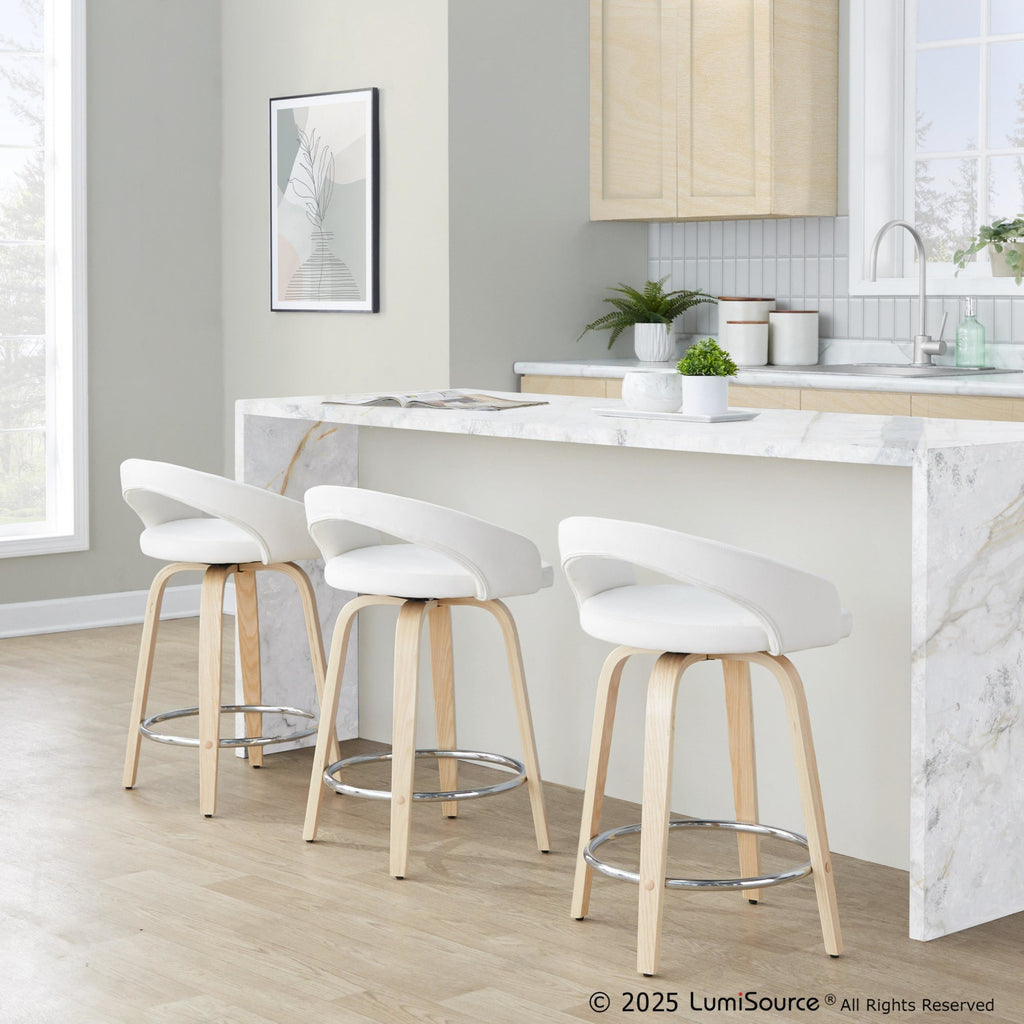 Grotto Upholstered 24" Fixed-Height Counter Stool - Set of 2 - Natural Wood, White Velvet, Chrome Metal