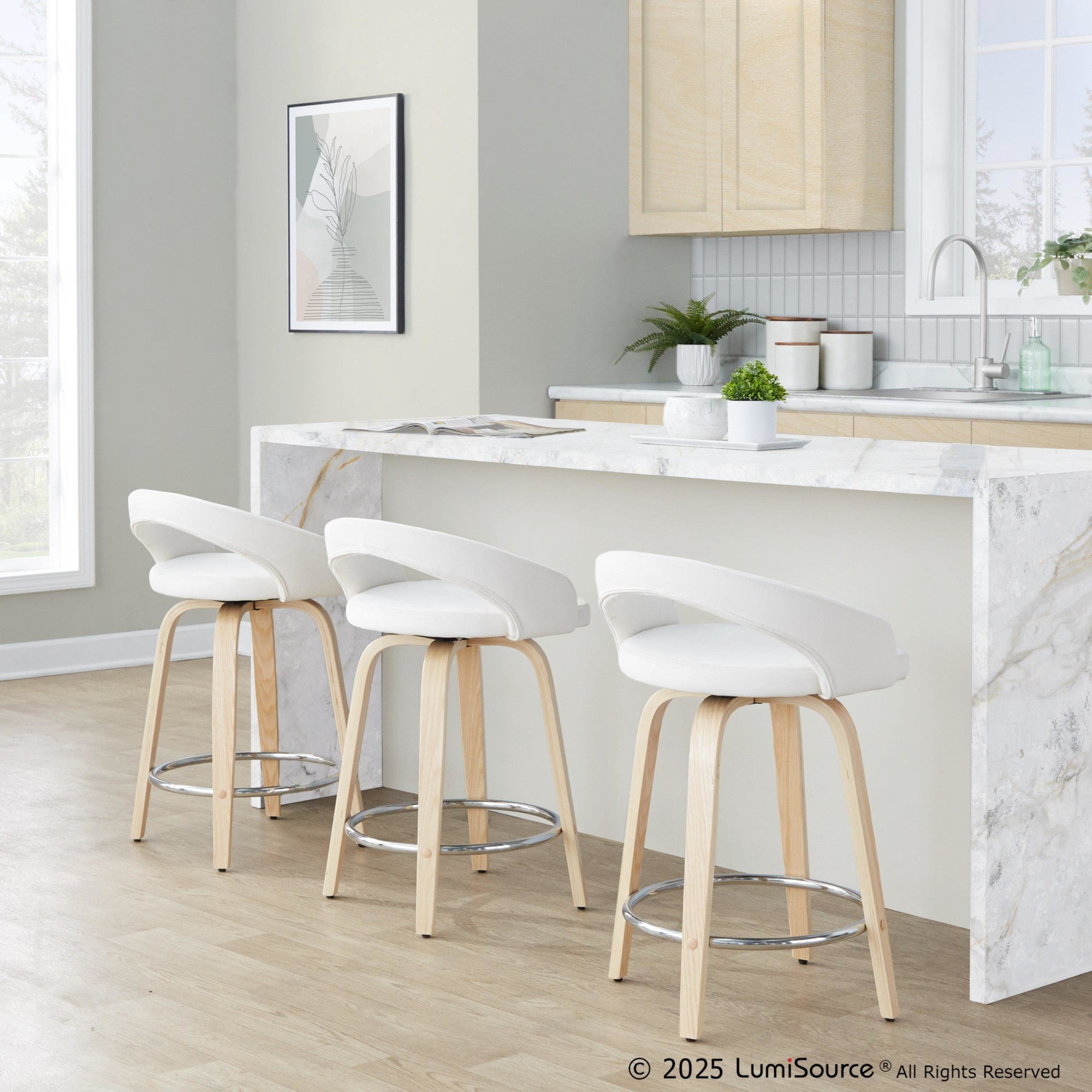 Grotto Upholstered 24" Fixed-Height Counter Stool - Set of 2 - Natural Wood, White Velvet, Chrome Metal
