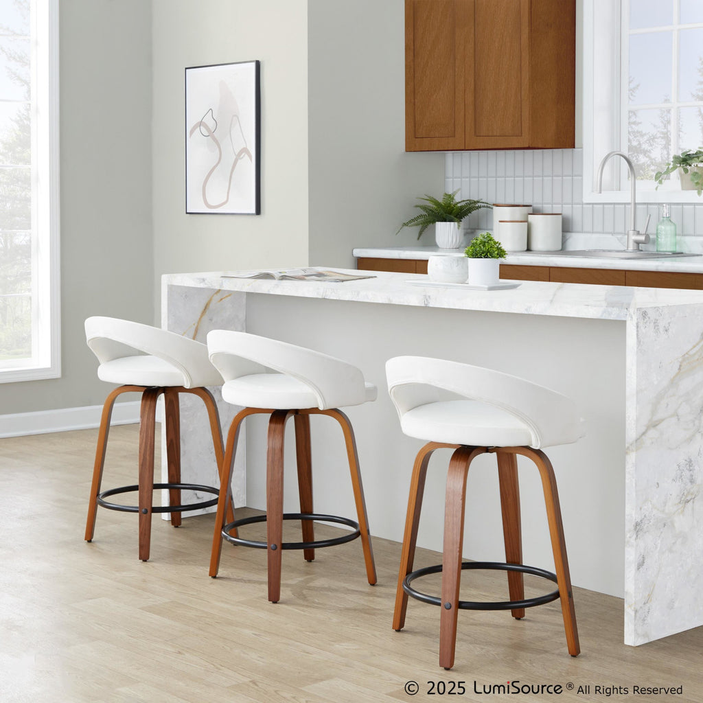 Grotto Upholstered 24" Fixed-Height Counter Stool - Set of 2 - Walnut Wood, White Velvet, Black Metal