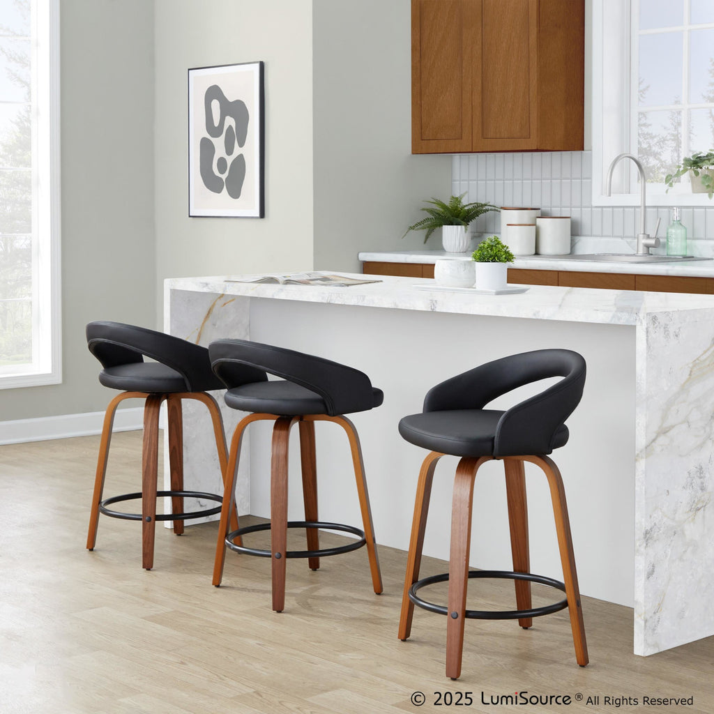 Grotto Upholstered 24" Fixed-Height Counter Stool - Set of 2 - Walnut Wood, Black PU, Black Metal