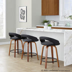 Grotto Upholstered 24" Fixed-Height Counter Stool - Set of 2 - Walnut Wood, Black PU, Black Metal