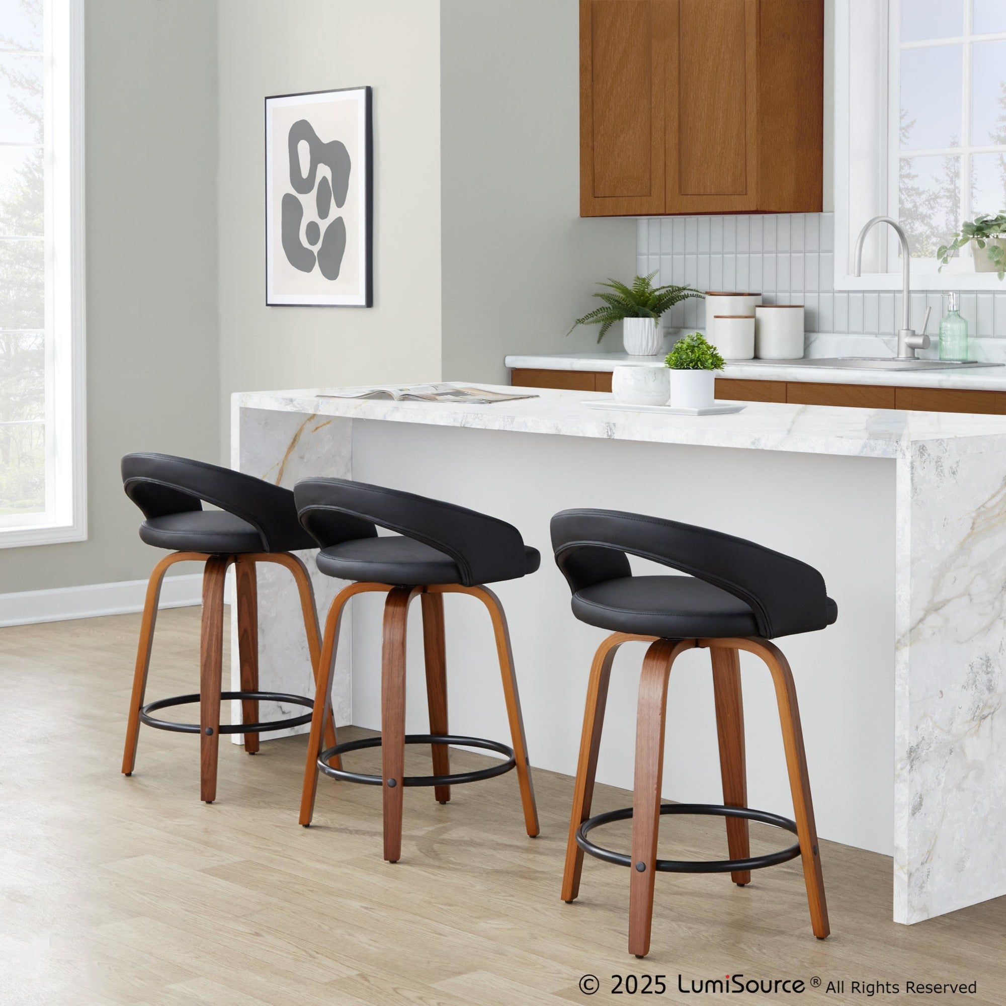 Grotto Upholstered 24" Fixed-Height Counter Stool - Set of 2 - Walnut Wood, Black PU, Black Metal