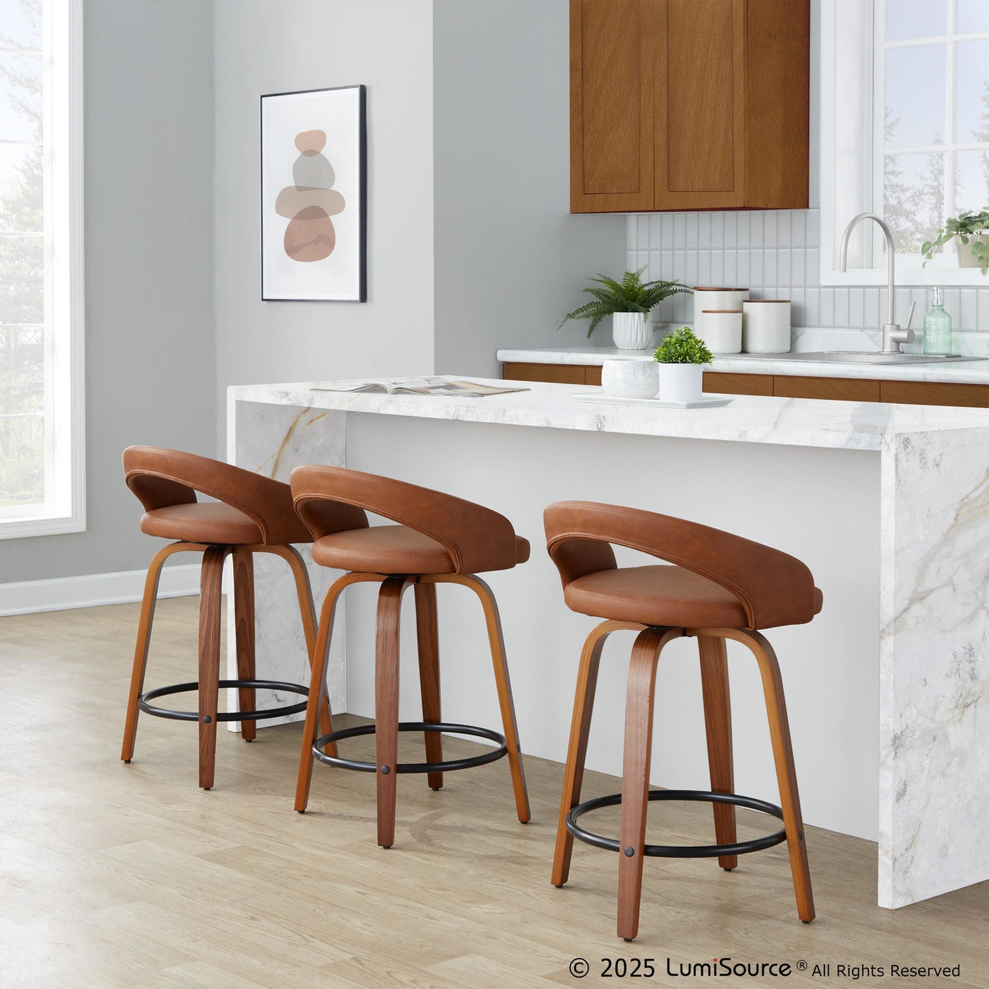 Grotto Upholstered 24" Fixed-Height Counter Stool - Set of 2 - Walnut Wood, Camel PU, Black Metal