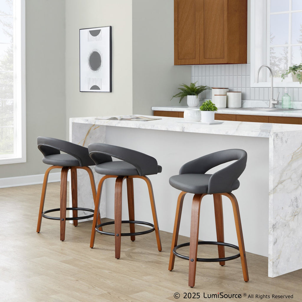 Grotto Upholstered 24" Fixed-Height Counter Stool - Set of 2 - Walnut Wood, Grey PU, Black Metal