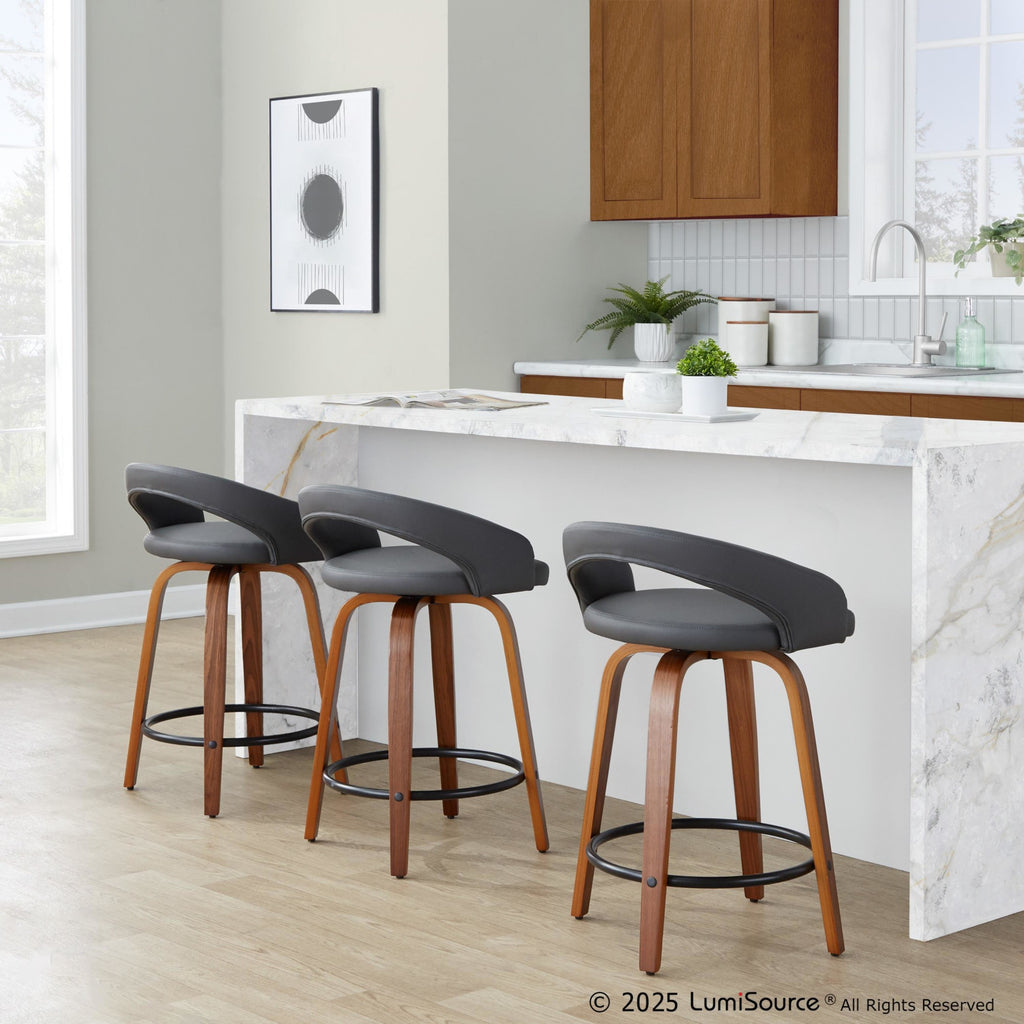 Grotto Upholstered 24" Fixed-Height Counter Stool - Set of 2 - Walnut Wood, Grey PU, Black Metal