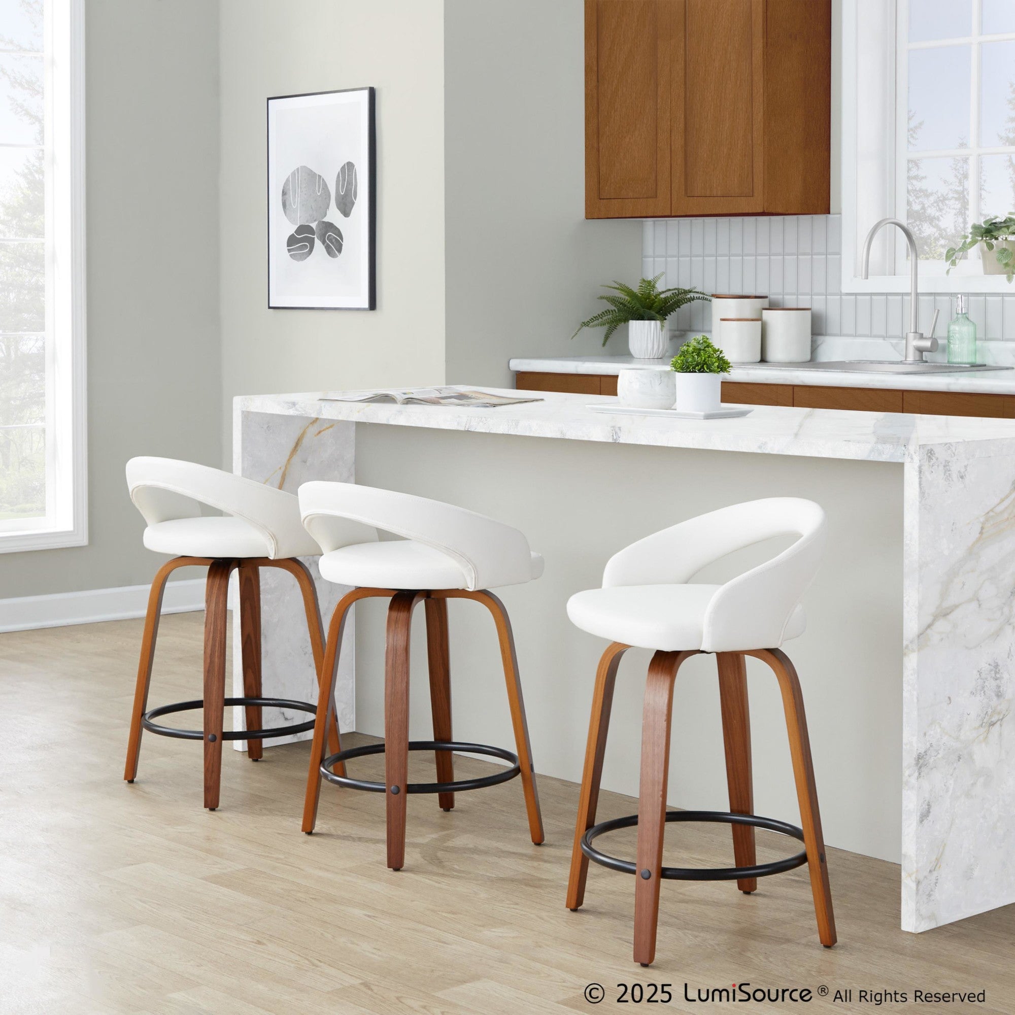 Grotto Upholstered 24" Fixed-Height Counter Stool - Set of 2 - Walnut Wood, White PU, Black Metal