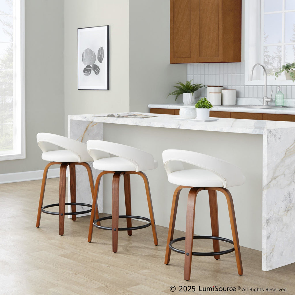 Grotto Upholstered 24" Fixed-Height Counter Stool - Set of 2 - Walnut Wood, White PU, Black Metal