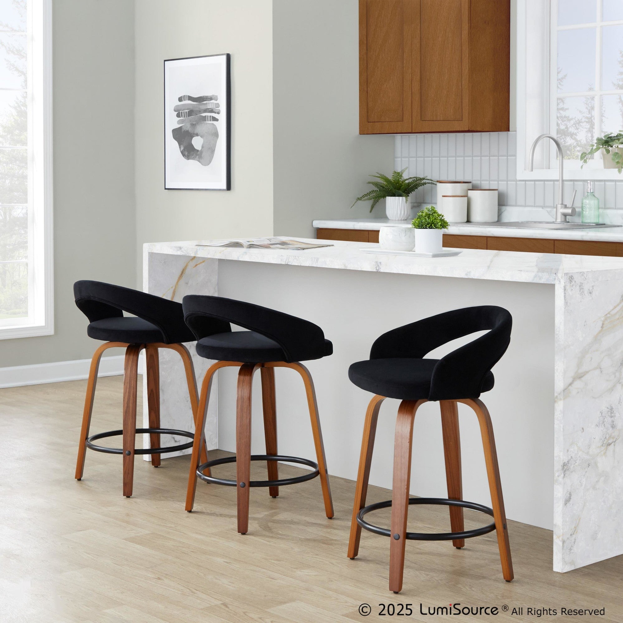 Grotto Upholstered 24" Fixed-Height Counter Stool - Set of 2 - Walnut Wood, Black Velvet, Black Metal