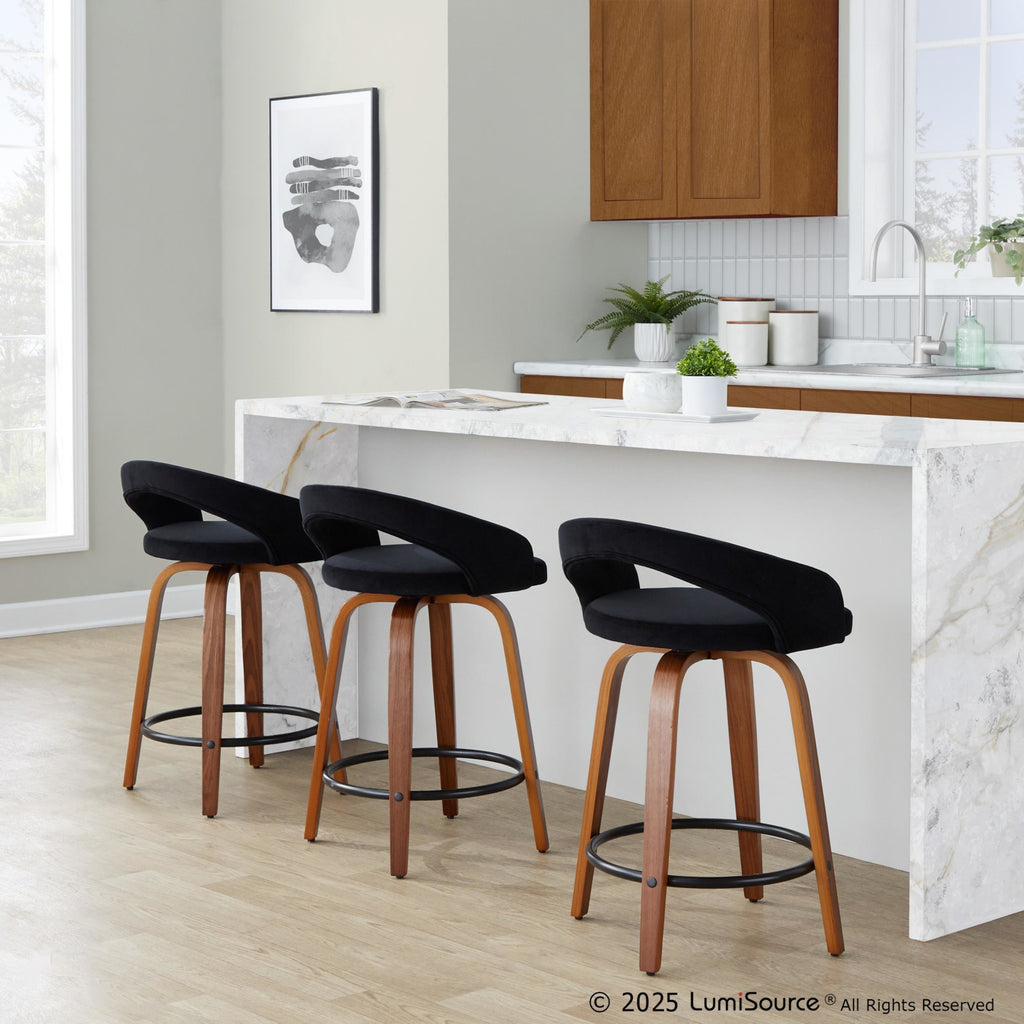 Grotto Upholstered 24" Fixed-Height Counter Stool - Set of 2 - Walnut Wood, Black Velvet, Black Metal