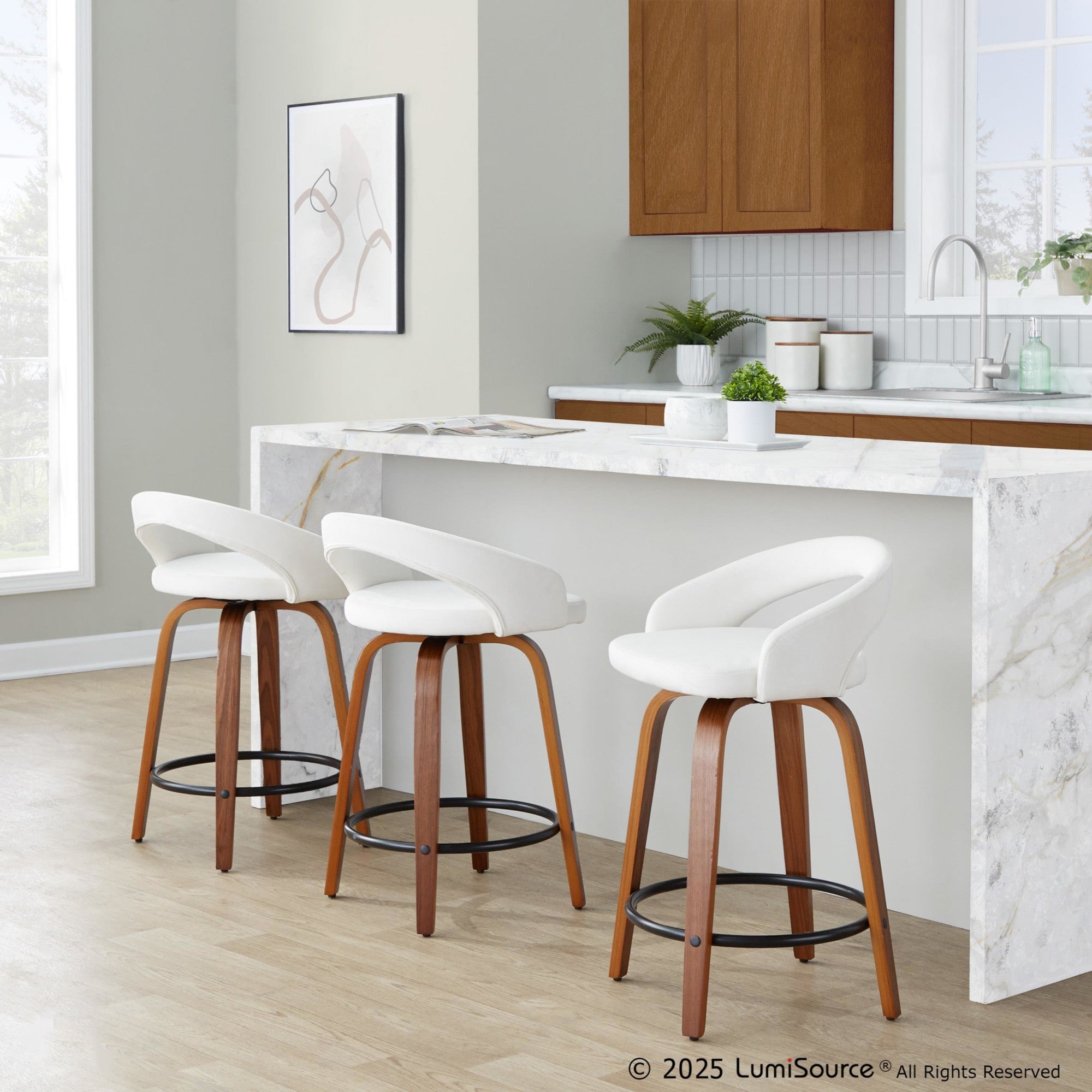 Grotto Upholstered 24" Fixed-Height Counter Stool - Set of 2 - Walnut Wood, White Velvet, Black Metal