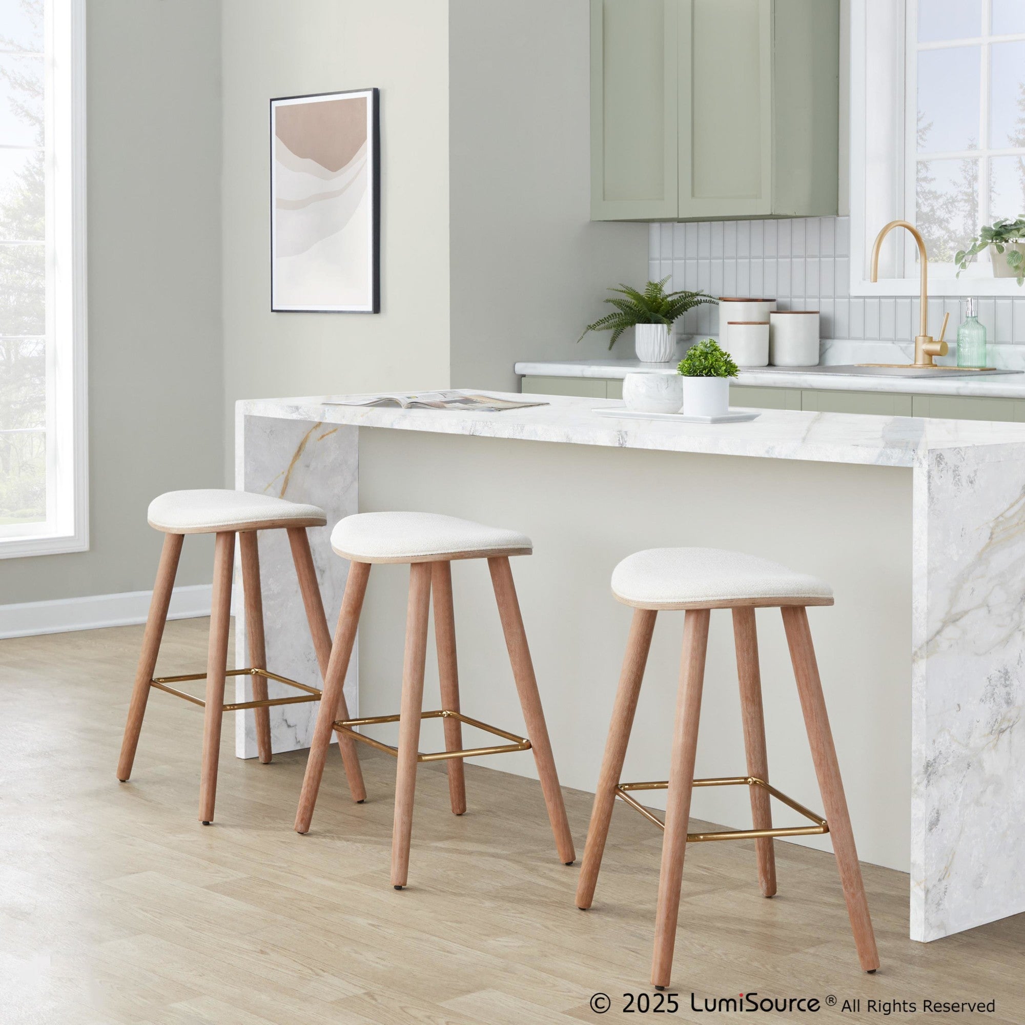 Saddle 26" Fixed-Height Counter Stool - Set of 2 - Whitewashed Wood, Gold Metal, Cream Fabric