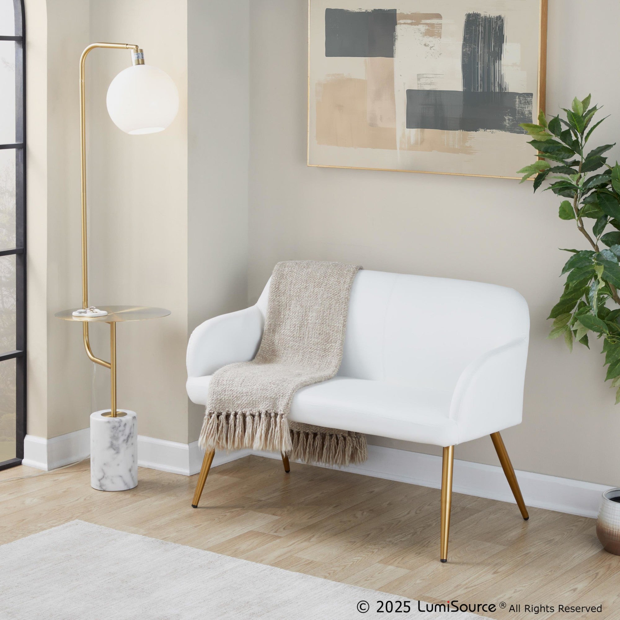 Daniella High Back Bench - Gold Steel, White PU