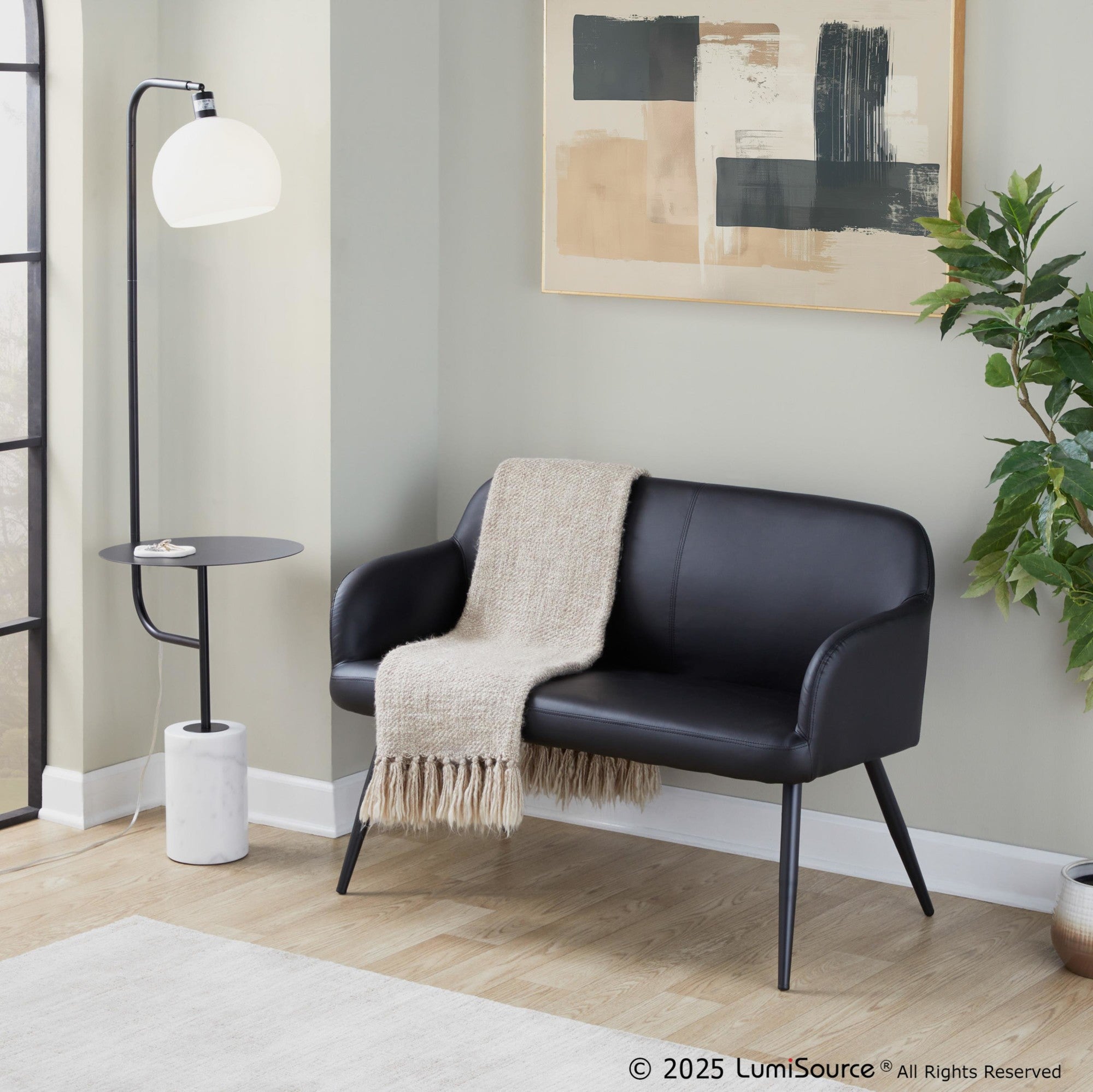 Symbol 66" Metal Floor Lamp With Side Table - Black Metal, White Marble, White Glass