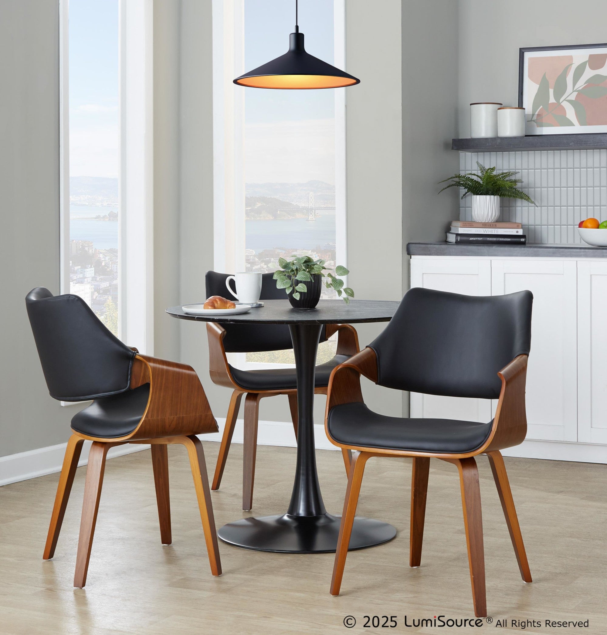Curvo High Back Chair - Set of 2 - Walnut Wood, Black PU